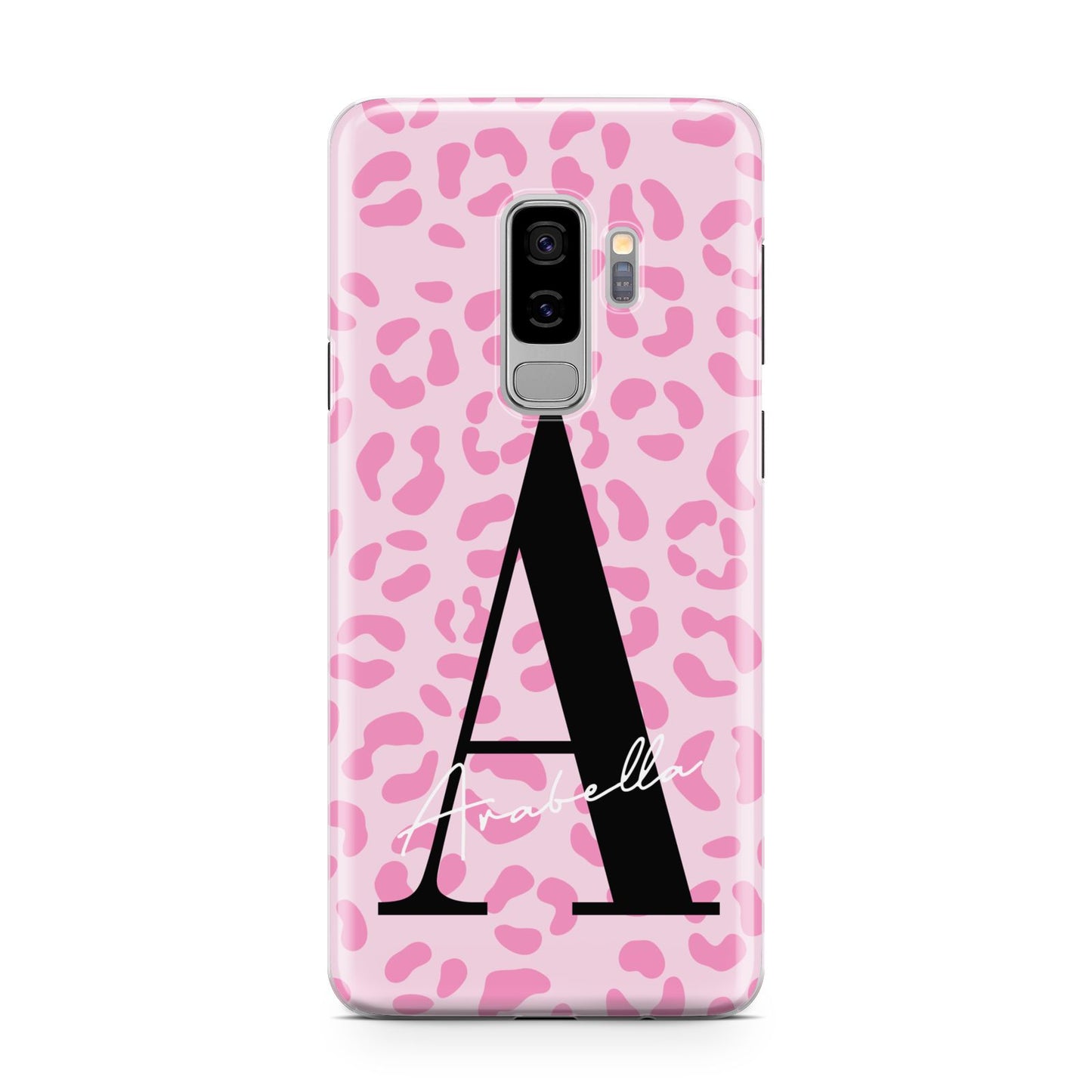 Personalised Pink Leopard Print Samsung Galaxy S9 Plus Case on Silver phone
