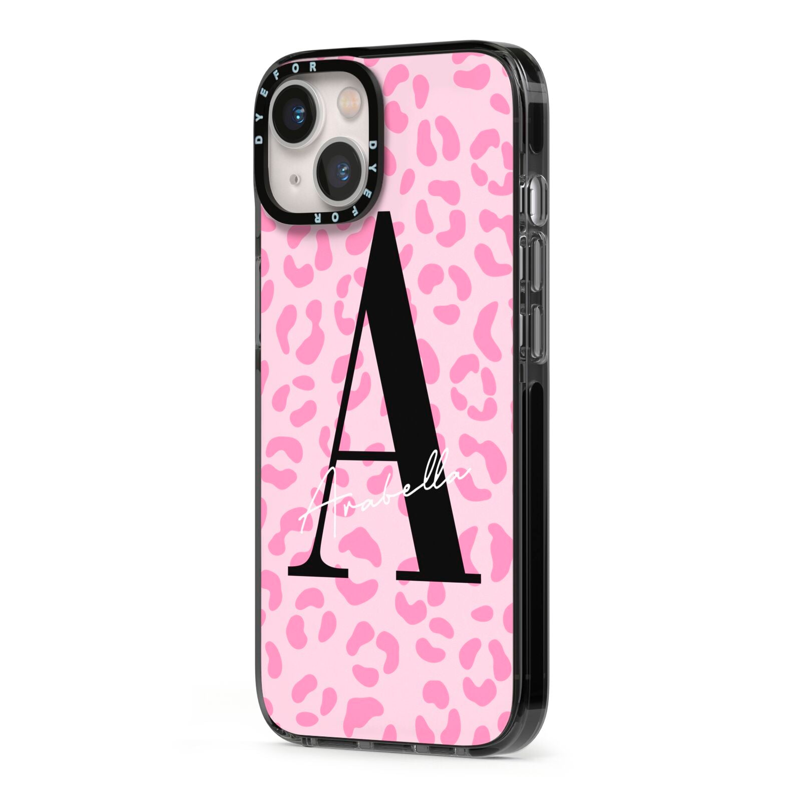 Personalised Pink Leopard Print iPhone 13 Black Impact Case Side Angle on Silver phone