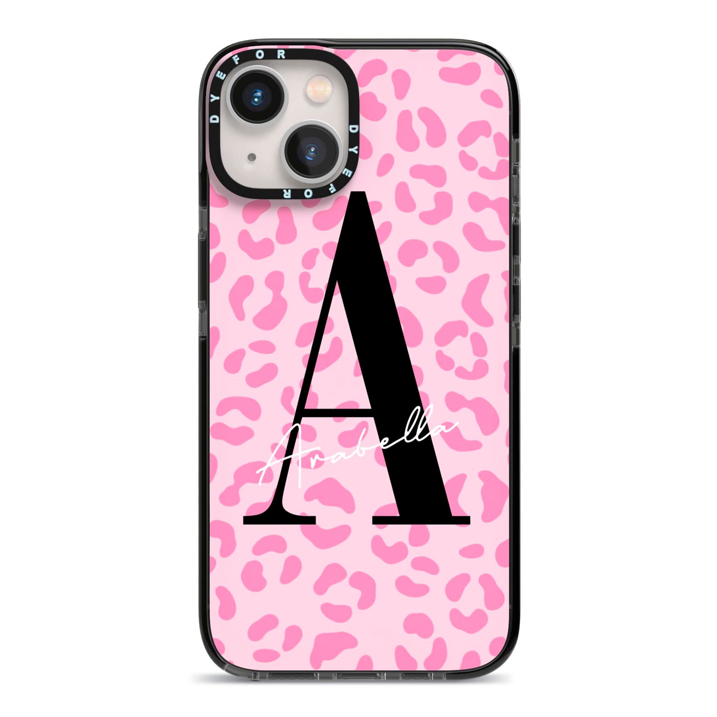 Personalised Pink Leopard Print iPhone 13 Black Impact Case on Silver phone