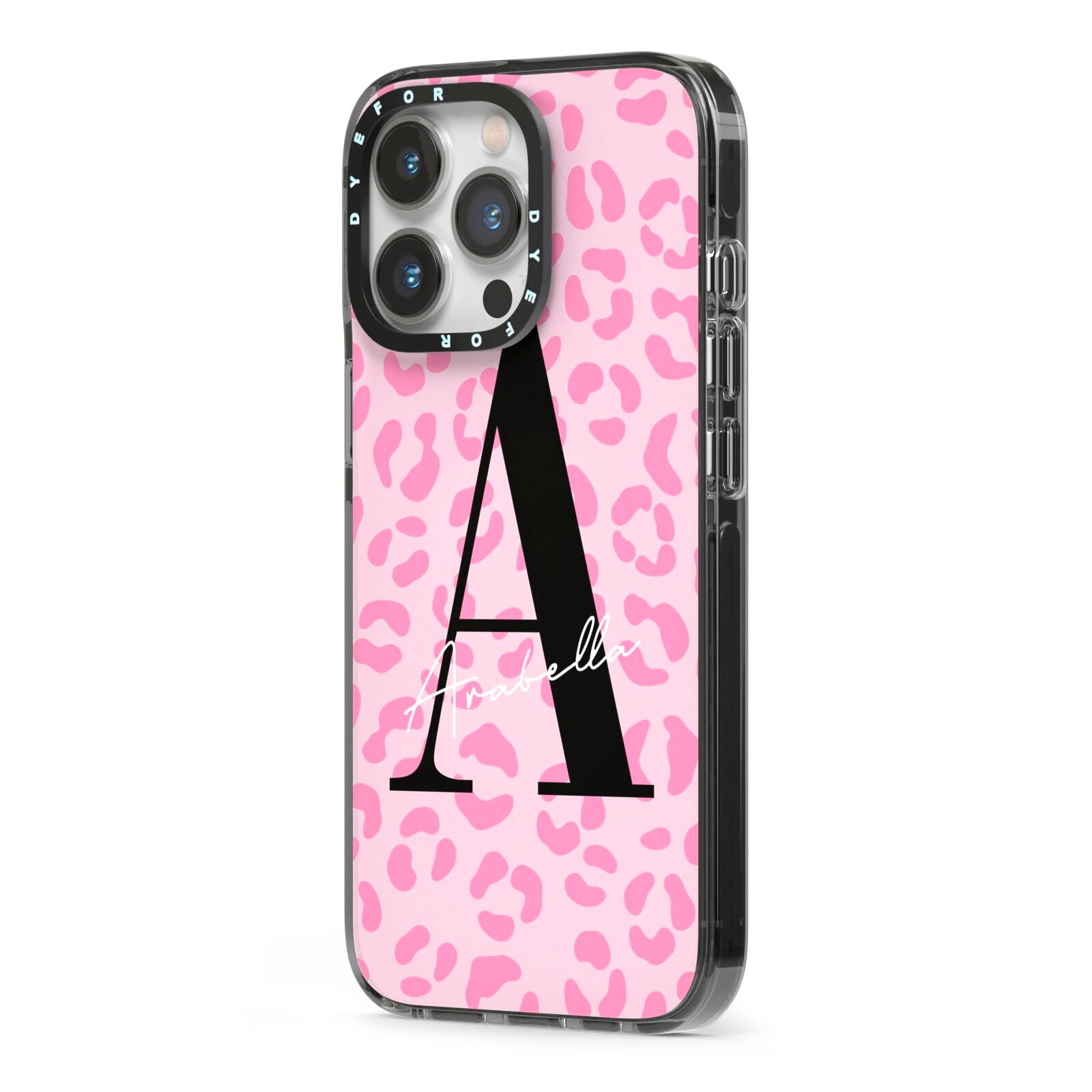 Personalised Pink Leopard Print iPhone 13 Pro Black Impact Case Side Angle on Silver phone