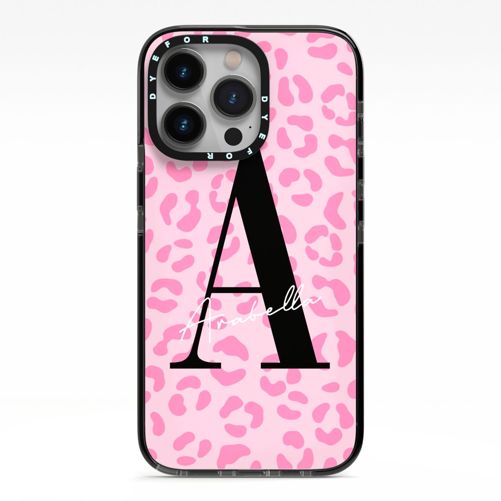 Personalised Pink Leopard Print iPhone 13 Pro Black Impact Case on Silver phone