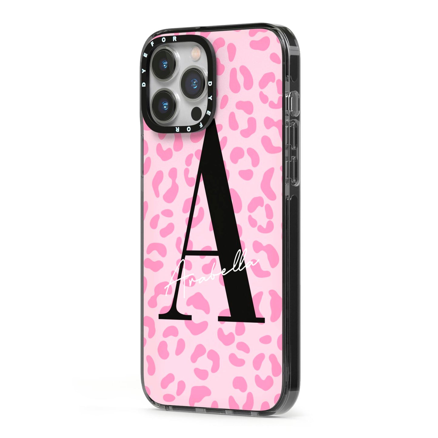 Personalised Pink Leopard Print iPhone 13 Pro Max Black Impact Case Side Angle on Silver phone