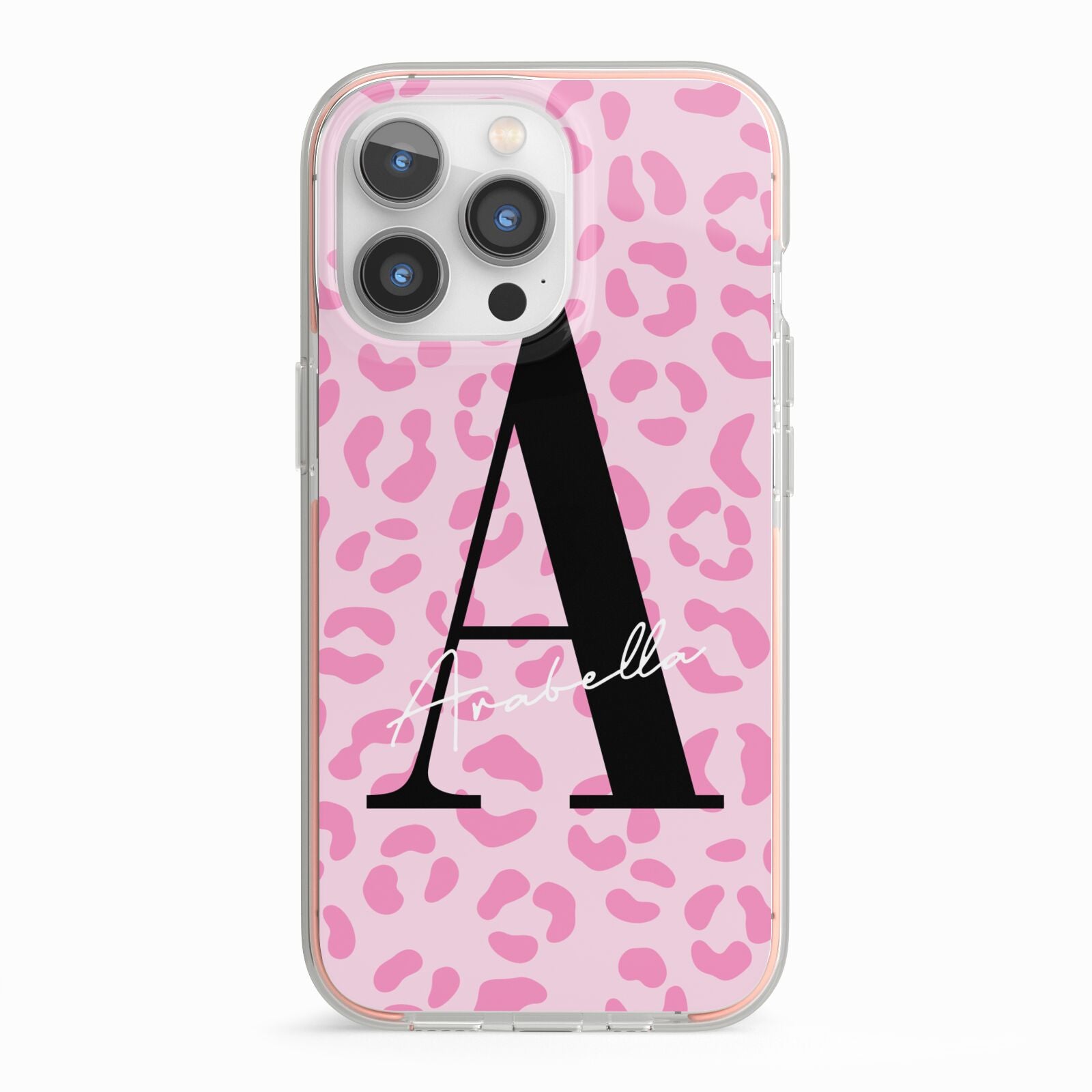 Personalised Pink Leopard Print iPhone 13 Pro TPU Impact Case with Pink Edges