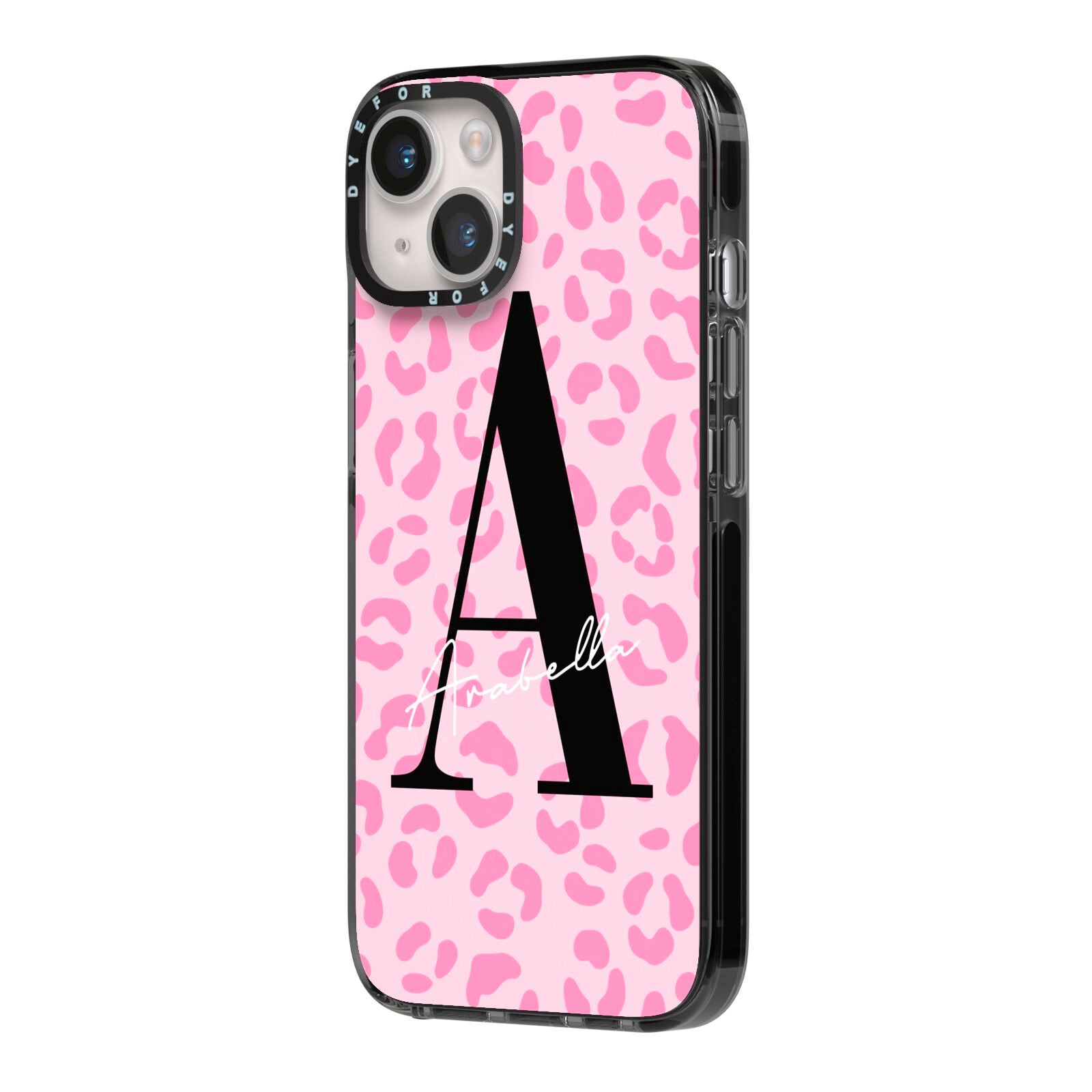 Personalised Pink Leopard Print iPhone 14 Black Impact Case Side Angle on Silver phone