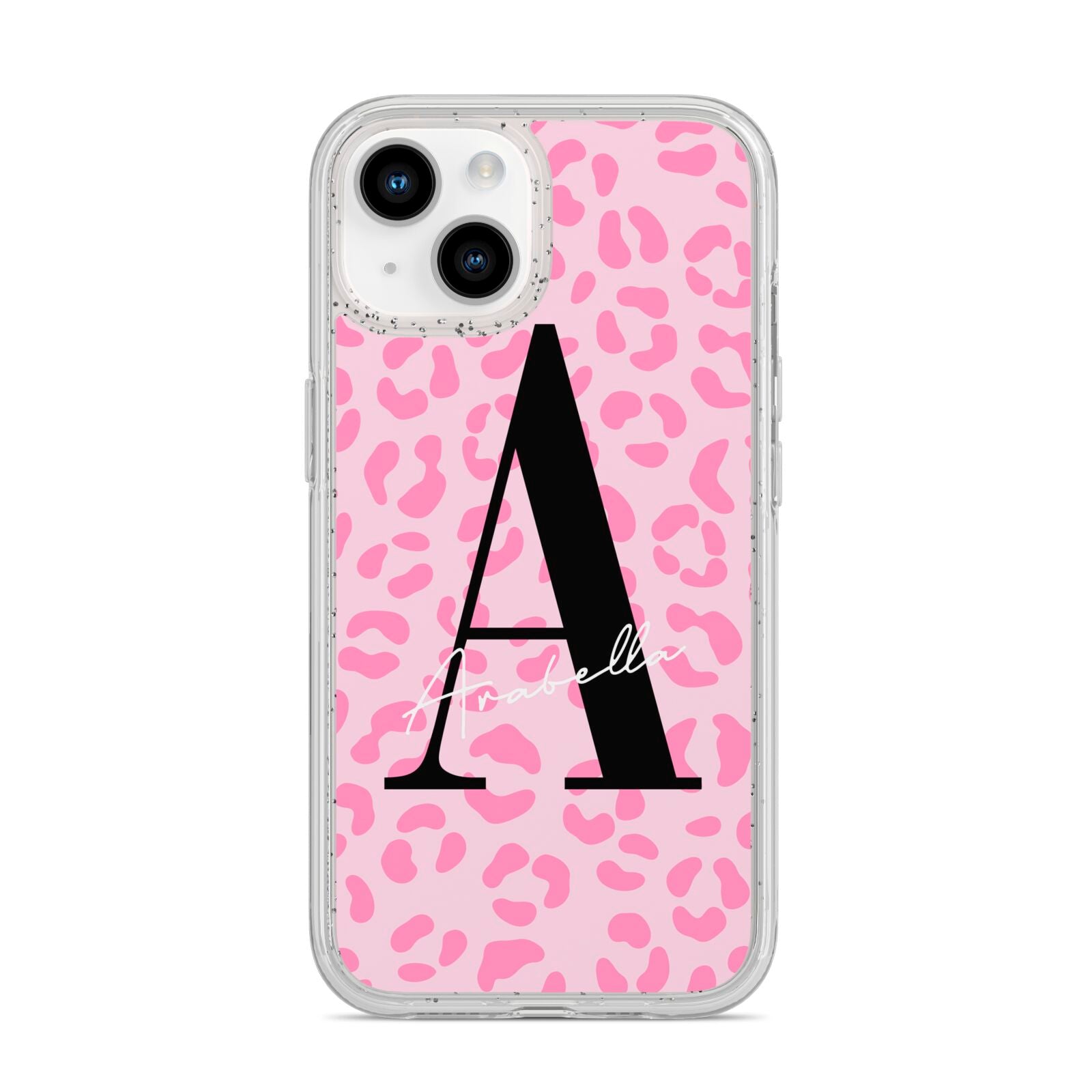 Personalised Pink Leopard Print iPhone 14 Glitter Tough Case Starlight