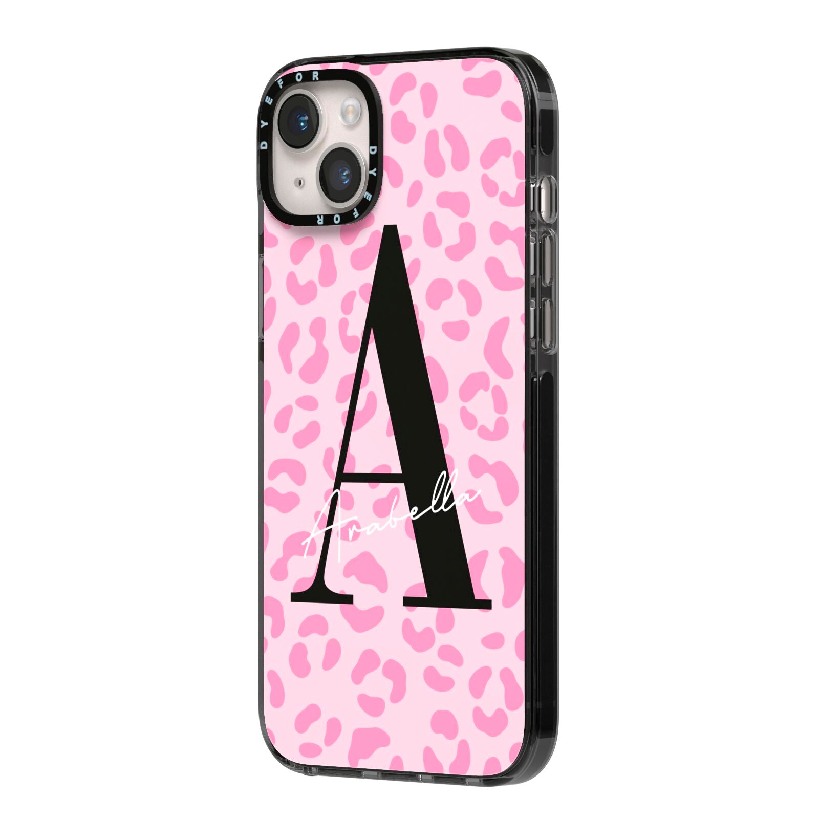 Personalised Pink Leopard Print iPhone 14 Plus Black Impact Case Side Angle on Silver phone