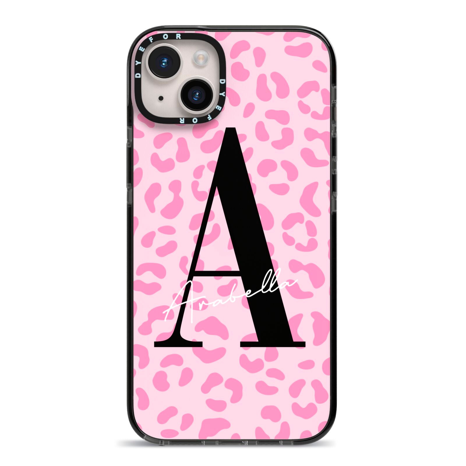 Personalised Pink Leopard Print iPhone 14 Plus Black Impact Case on Silver phone
