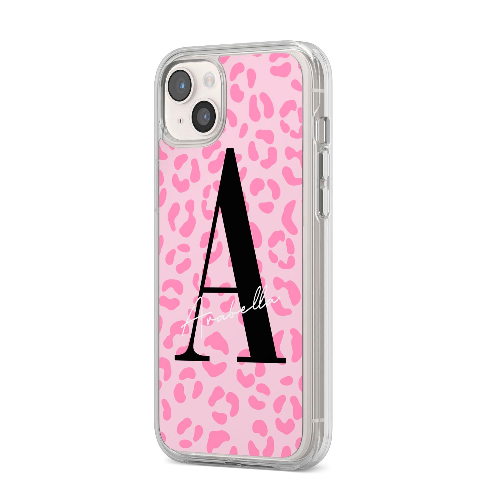 Personalised Pink Leopard Print iPhone 14 Plus Clear Tough Case Starlight Angled Image