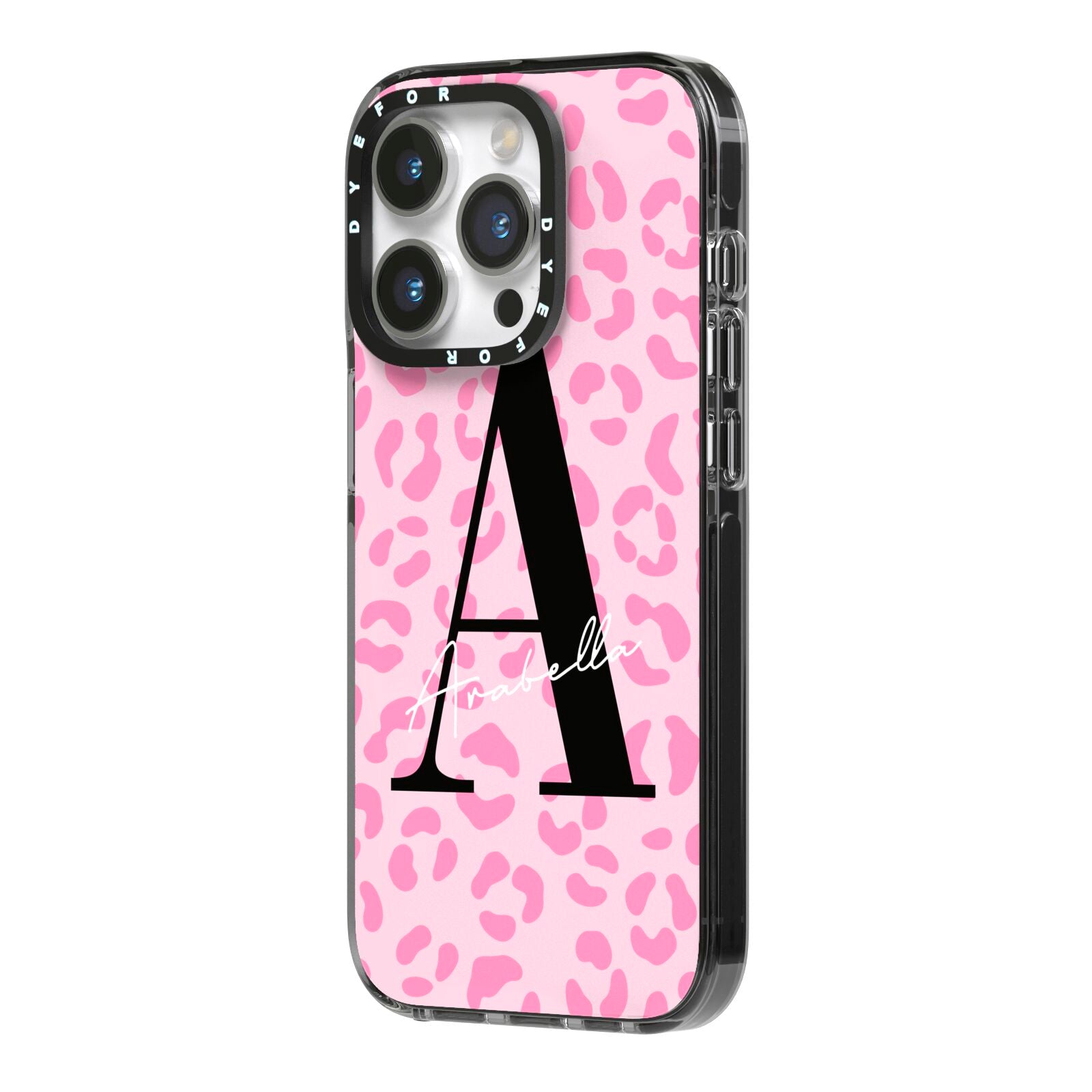 Personalised Pink Leopard Print iPhone 14 Pro Black Impact Case Side Angle on Silver phone