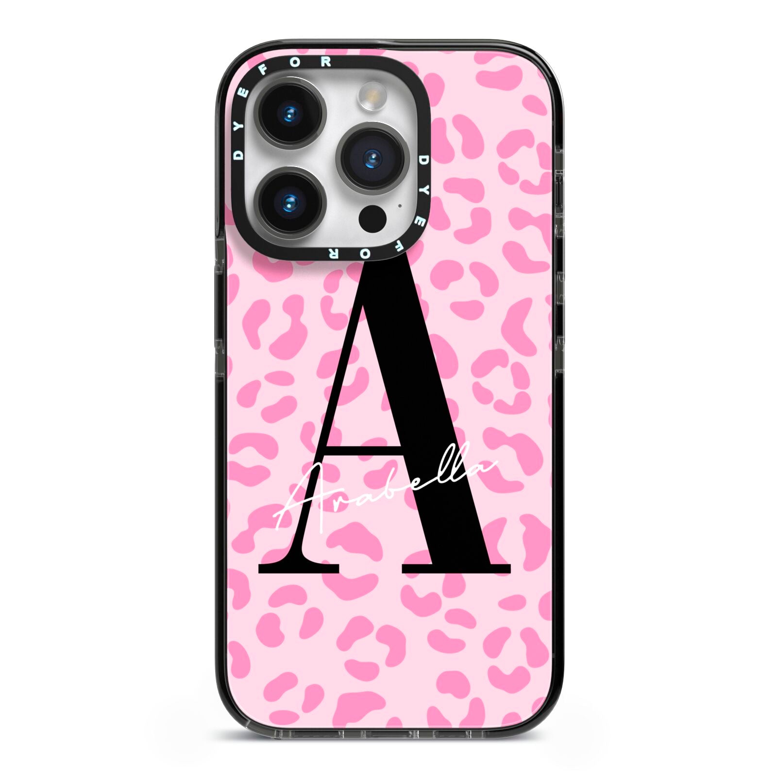 Personalised Pink Leopard Print iPhone 14 Pro Black Impact Case on Silver phone