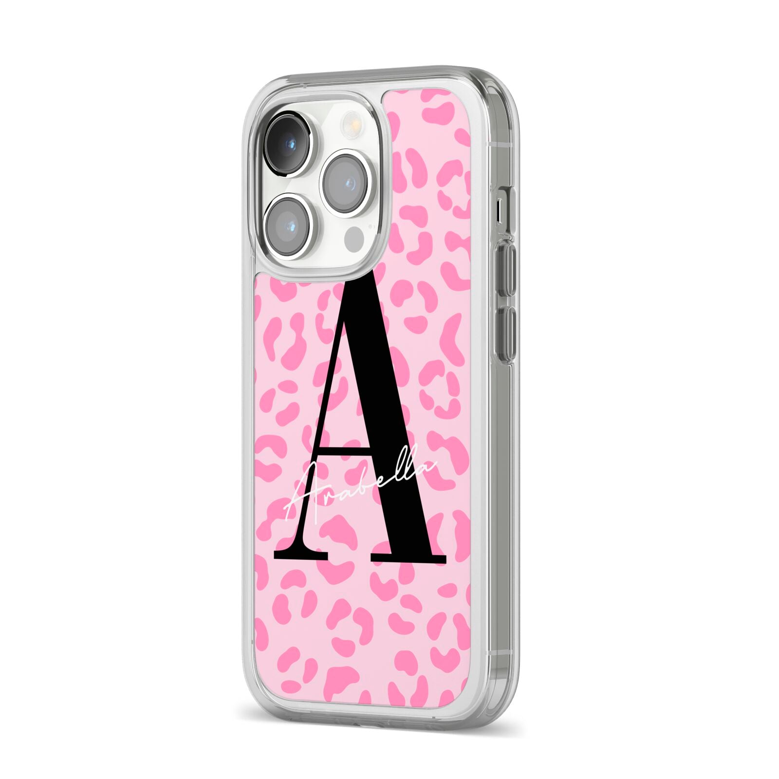 Personalised Pink Leopard Print iPhone 14 Pro Clear Tough Case Silver Angled Image