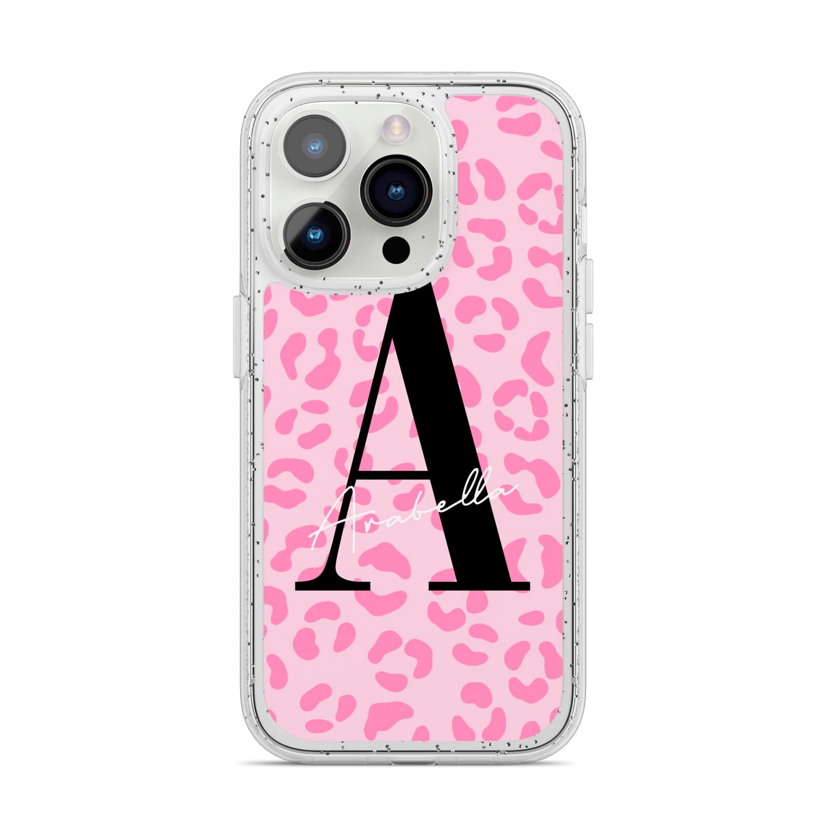Personalised Pink Leopard Print iPhone 14 Pro Glitter Tough Case Silver