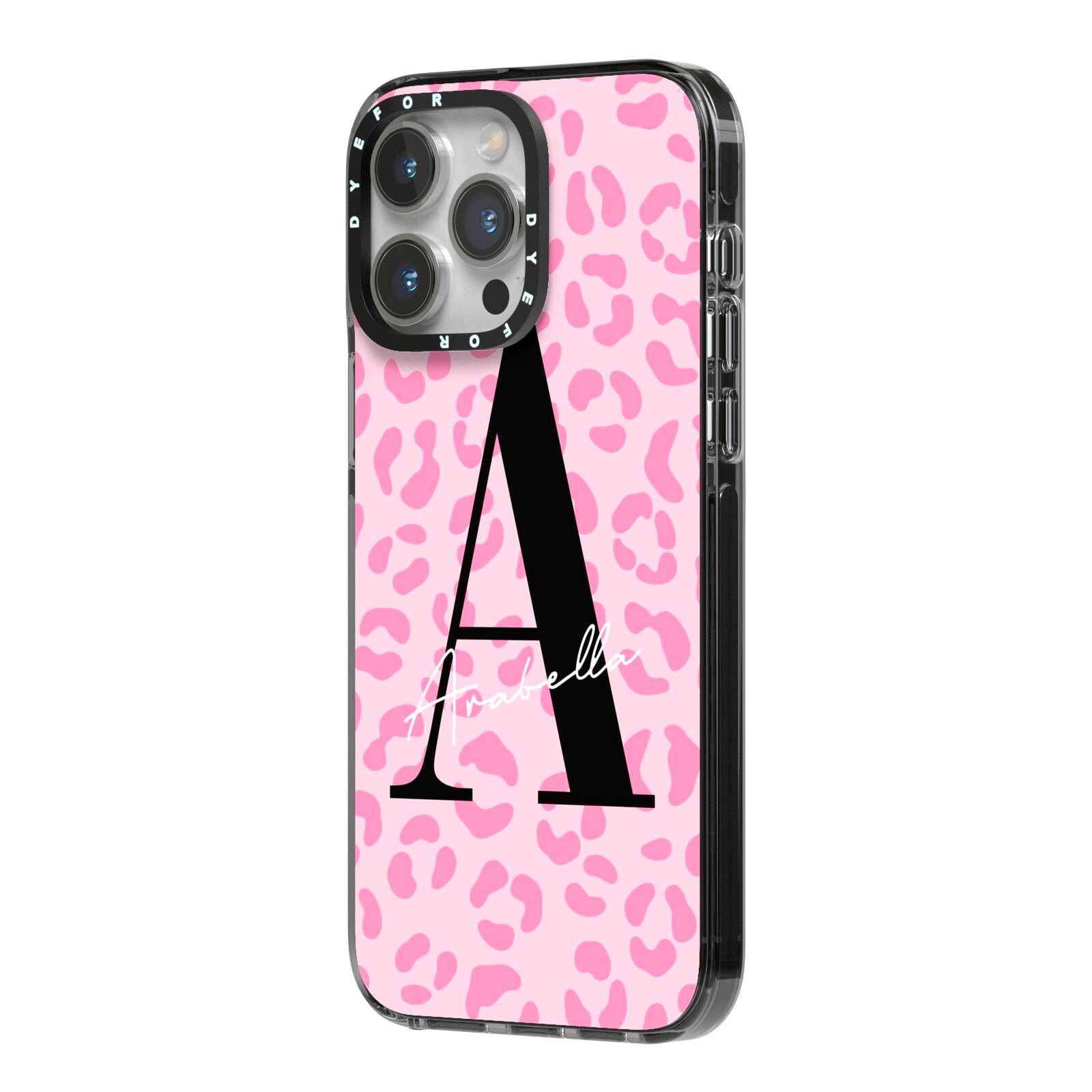 Personalised Pink Leopard Print iPhone 14 Pro Max Black Impact Case Side Angle on Silver phone