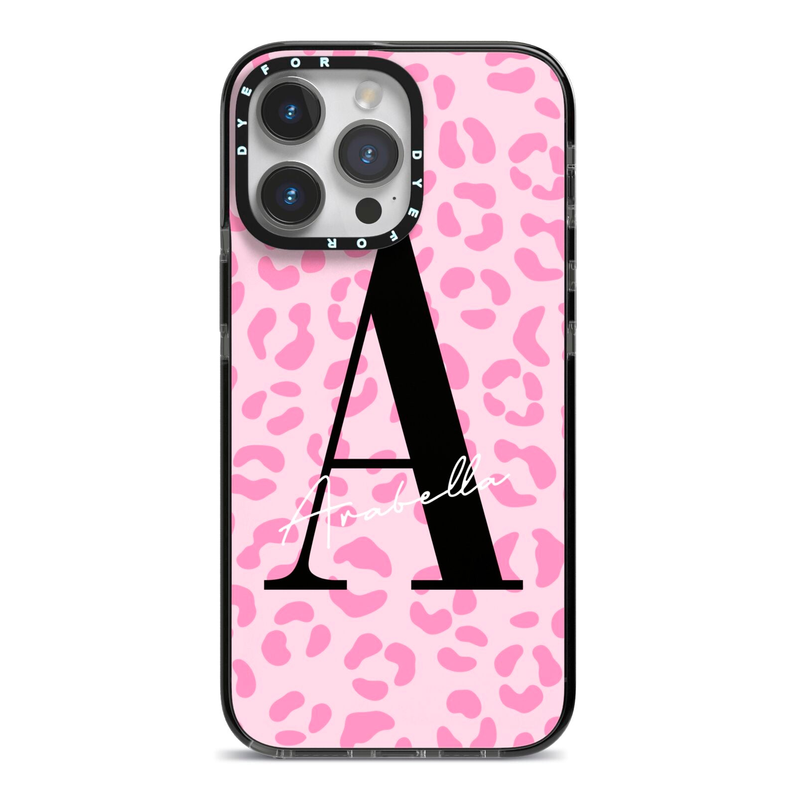 Personalised Pink Leopard Print iPhone 14 Pro Max Black Impact Case on Silver phone