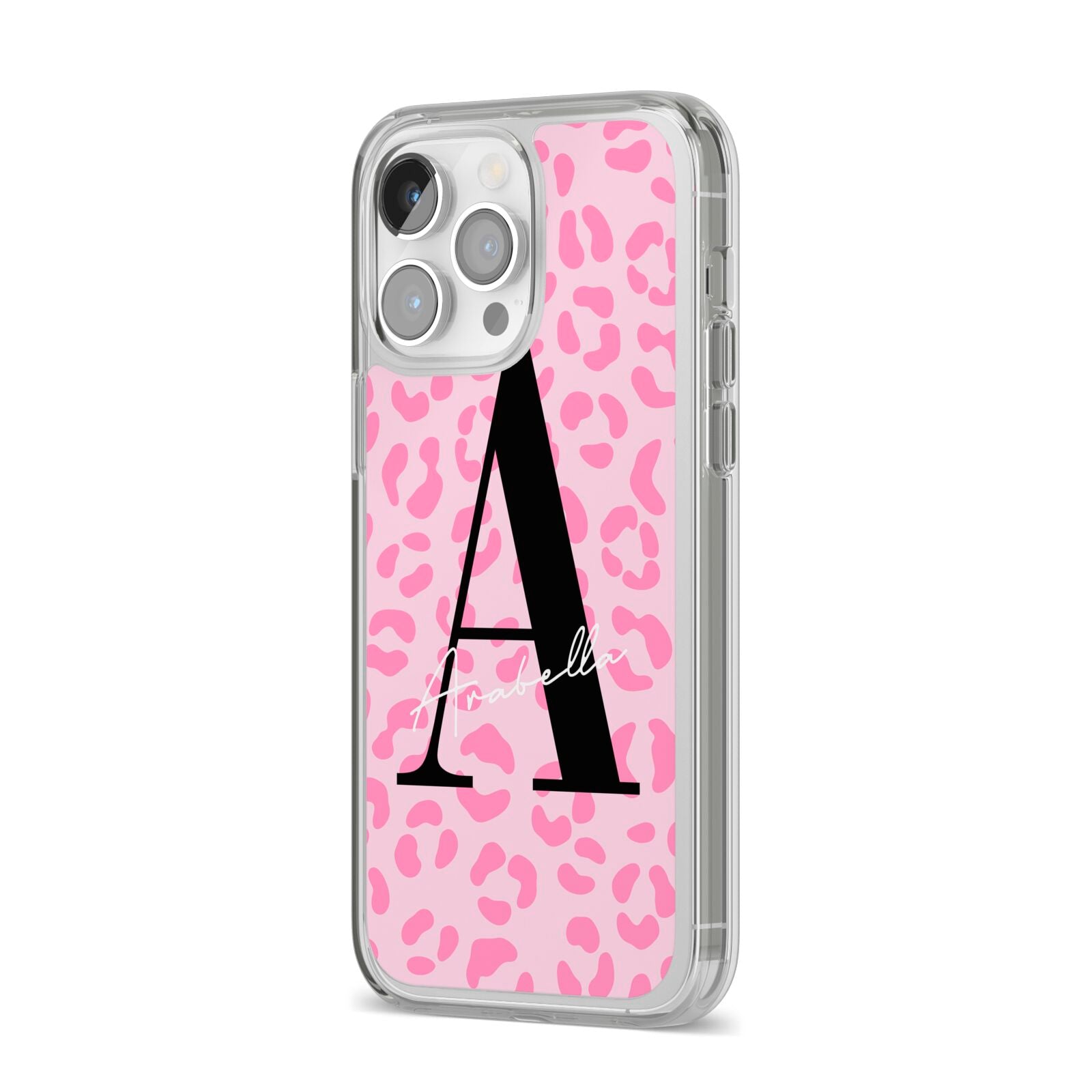 Personalised Pink Leopard Print iPhone 14 Pro Max Clear Tough Case Silver Angled Image