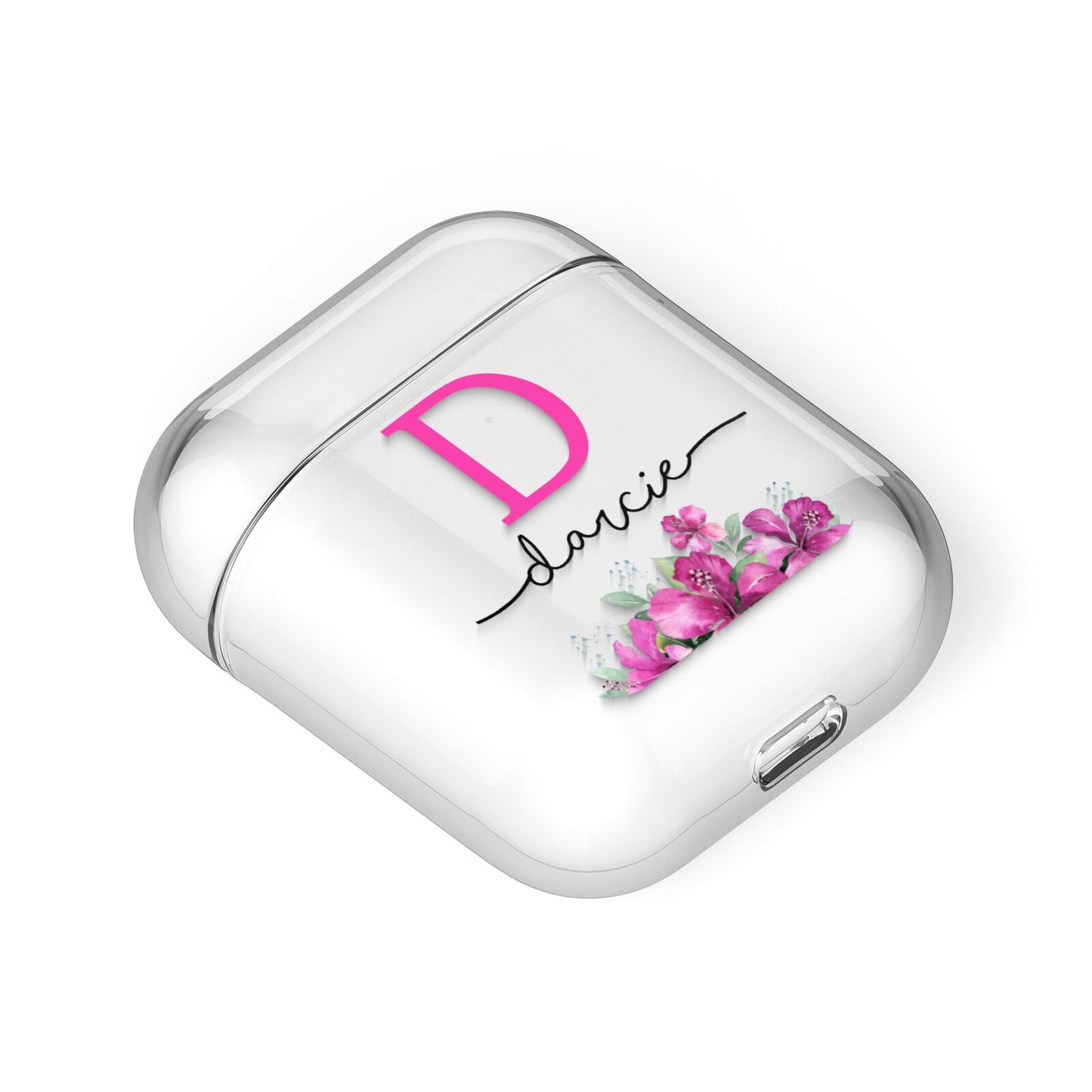 Personalised Pink Lilies AirPods Case Laid Flat