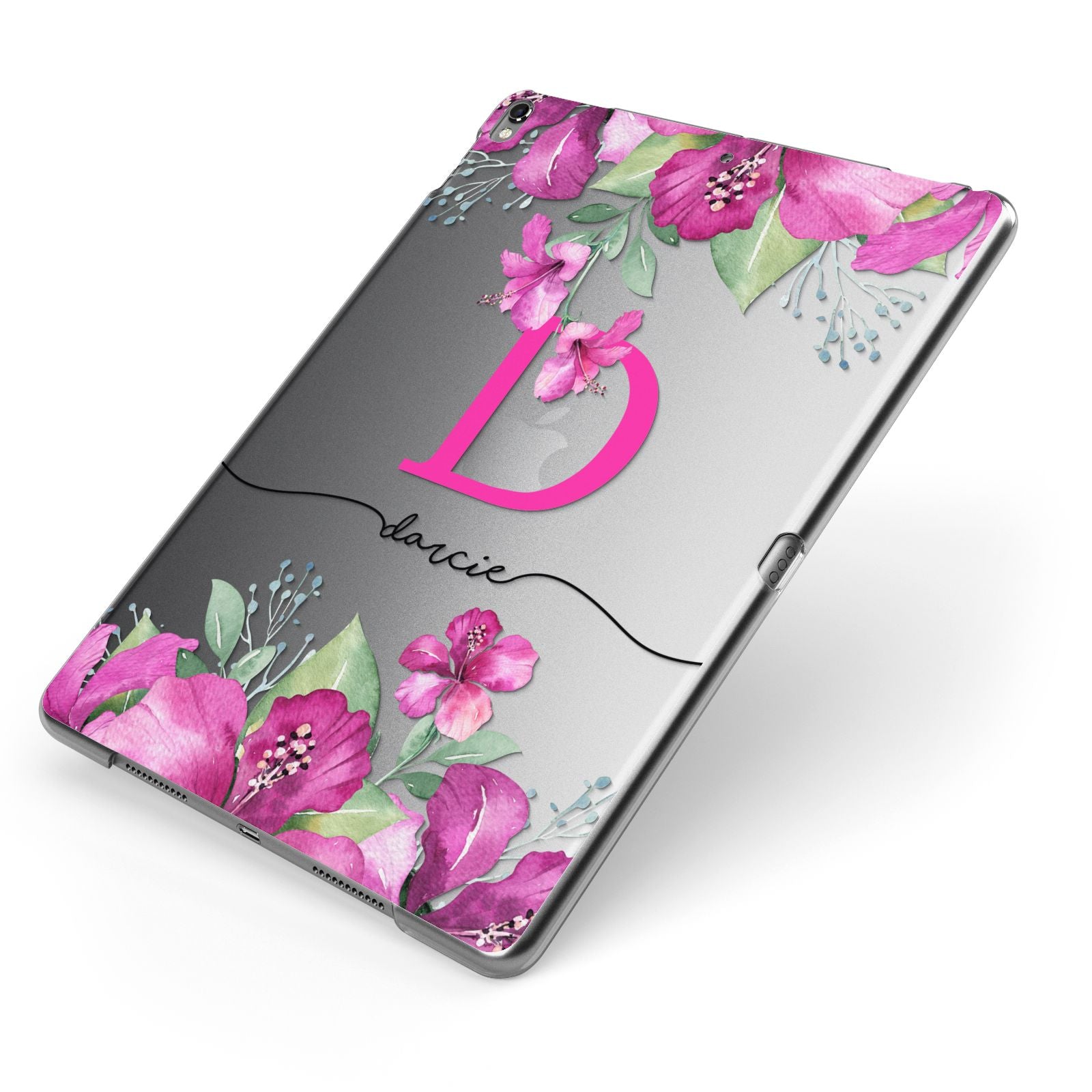 Personalised Pink Lilies Apple iPad Case on Grey iPad Side View