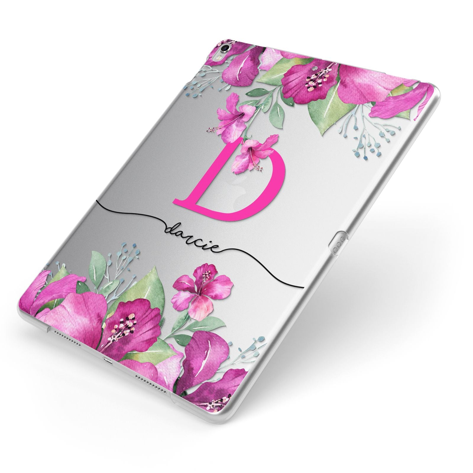 Personalised Pink Lilies Apple iPad Case on Silver iPad Side View