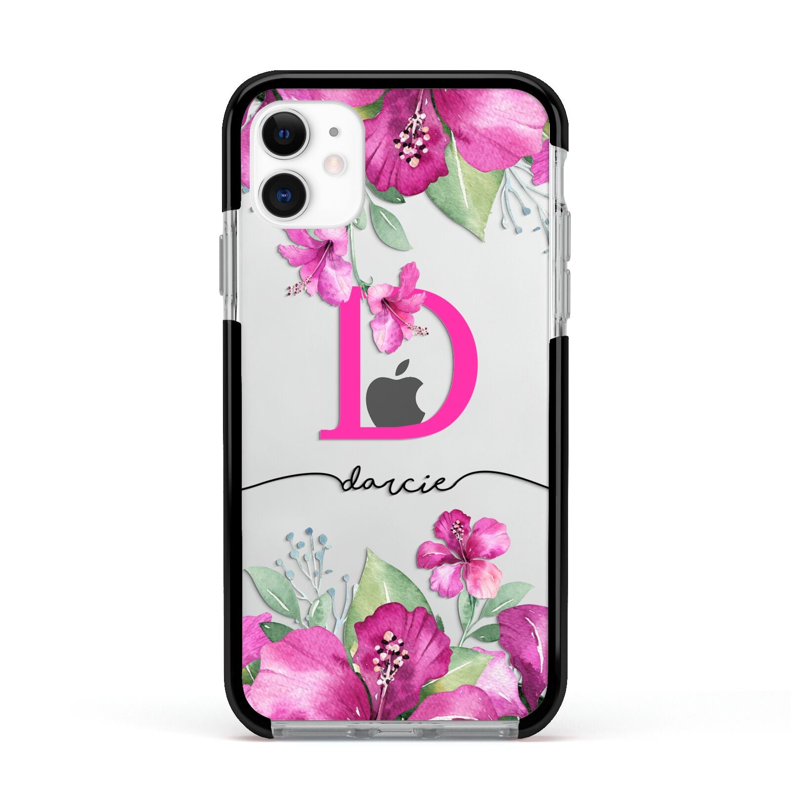 Personalised Pink Lilies Apple iPhone 11 in White with Black Impact Case