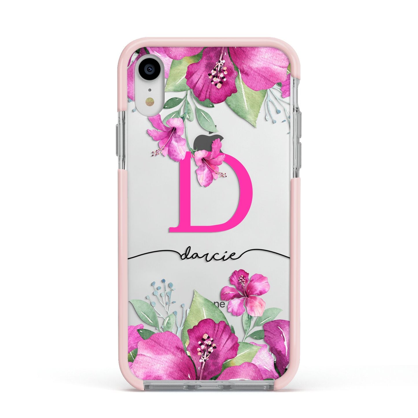 Personalised Pink Lilies Apple iPhone XR Impact Case Pink Edge on Silver Phone