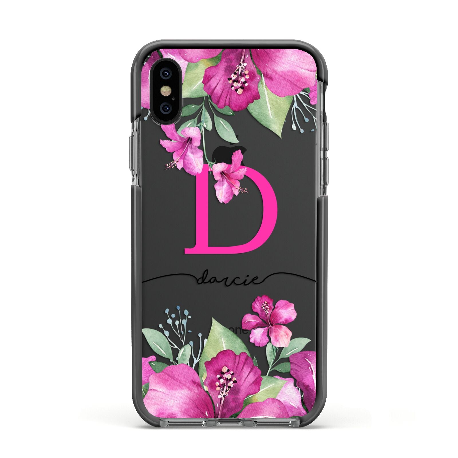 Personalised Pink Lilies Apple iPhone Xs Impact Case Black Edge on Black Phone
