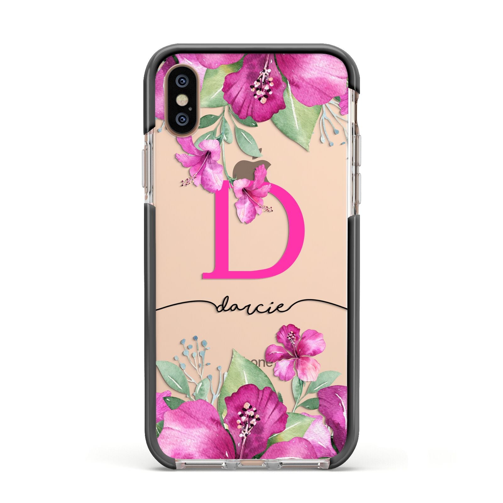 Personalised Pink Lilies Apple iPhone Xs Impact Case Black Edge on Gold Phone