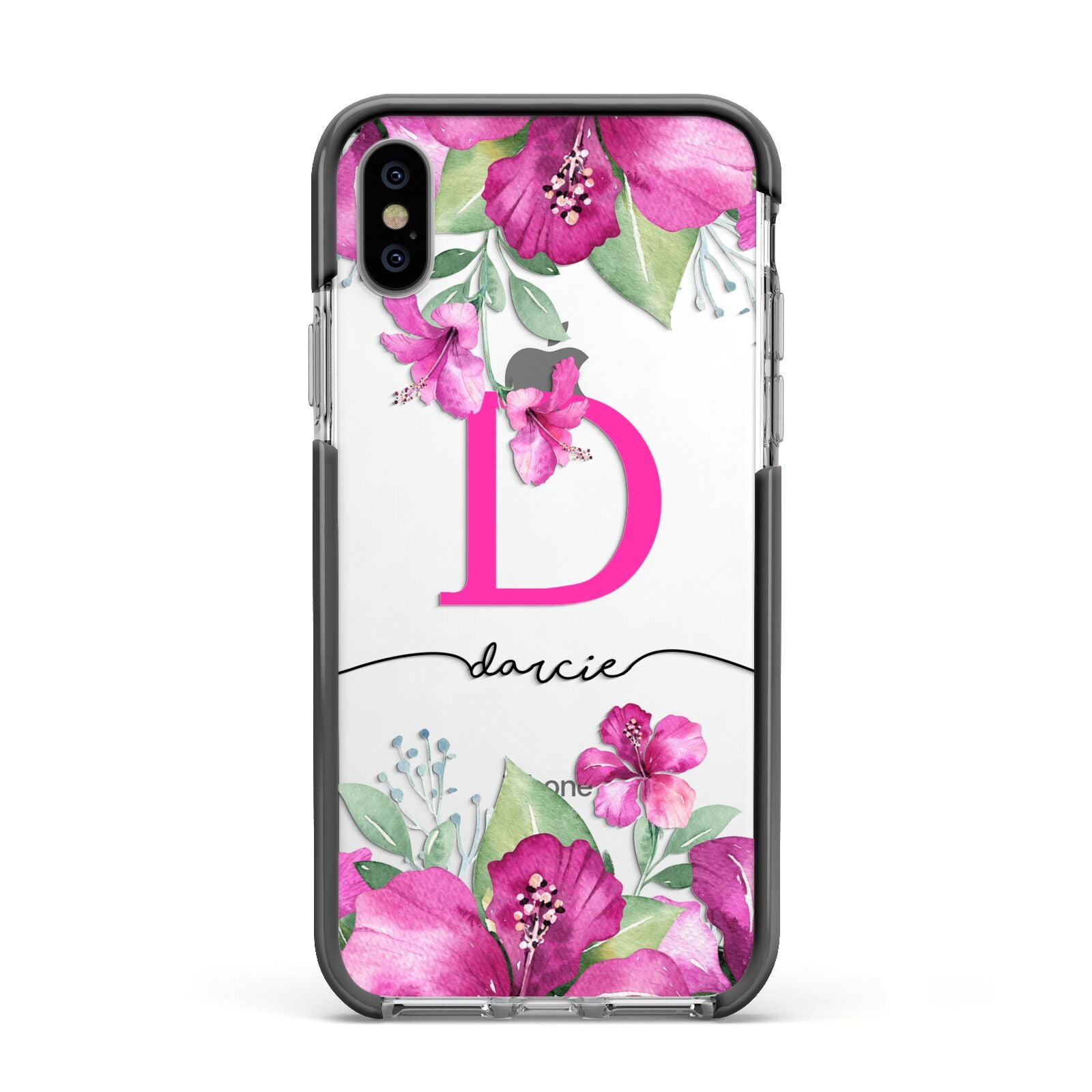 Personalised Pink Lilies Apple iPhone Xs Impact Case Black Edge on Silver Phone