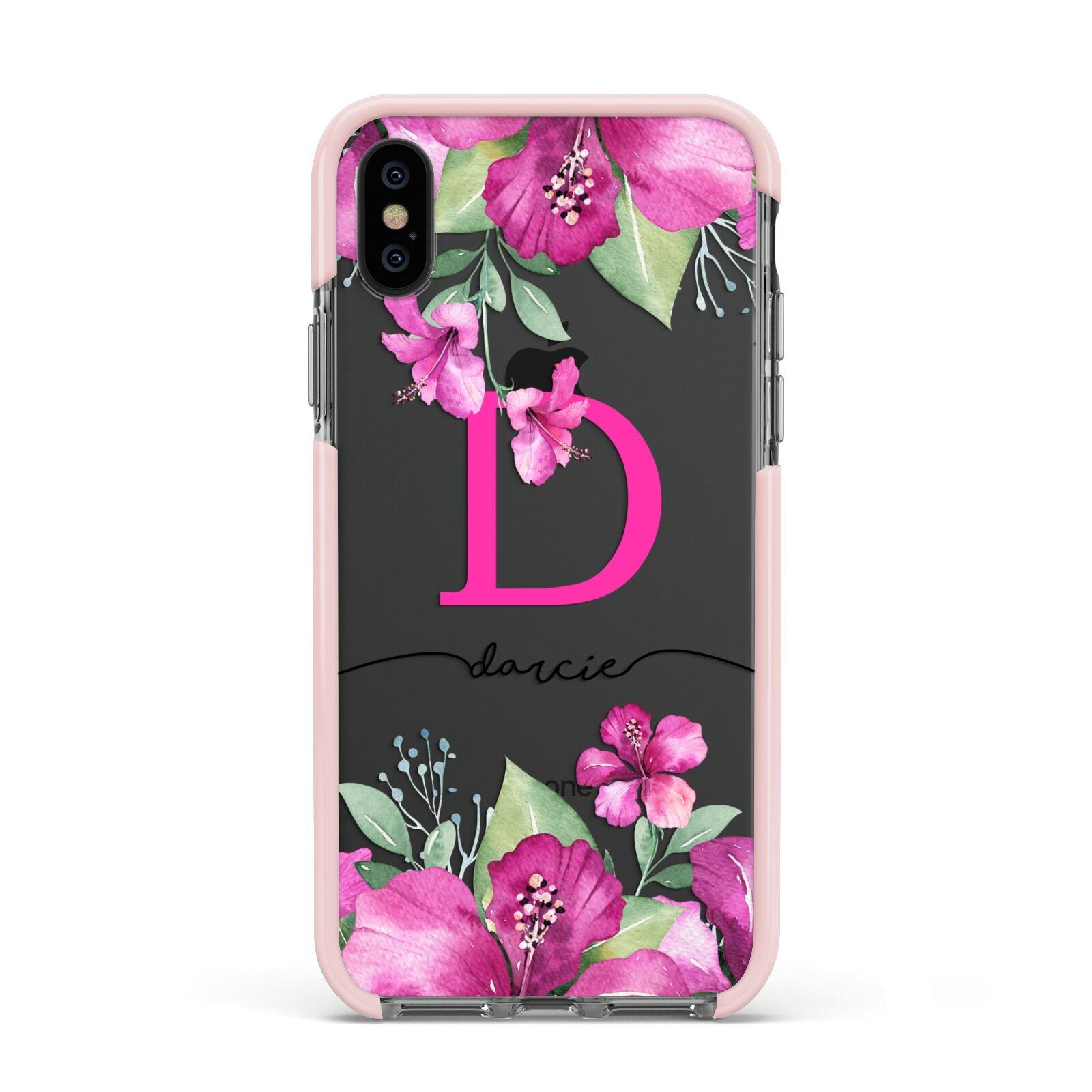 Personalised Pink Lilies Apple iPhone Xs Impact Case Pink Edge on Black Phone
