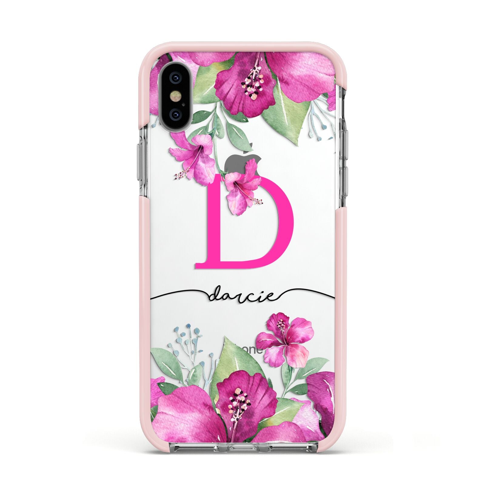 Personalised Pink Lilies Apple iPhone Xs Impact Case Pink Edge on Silver Phone