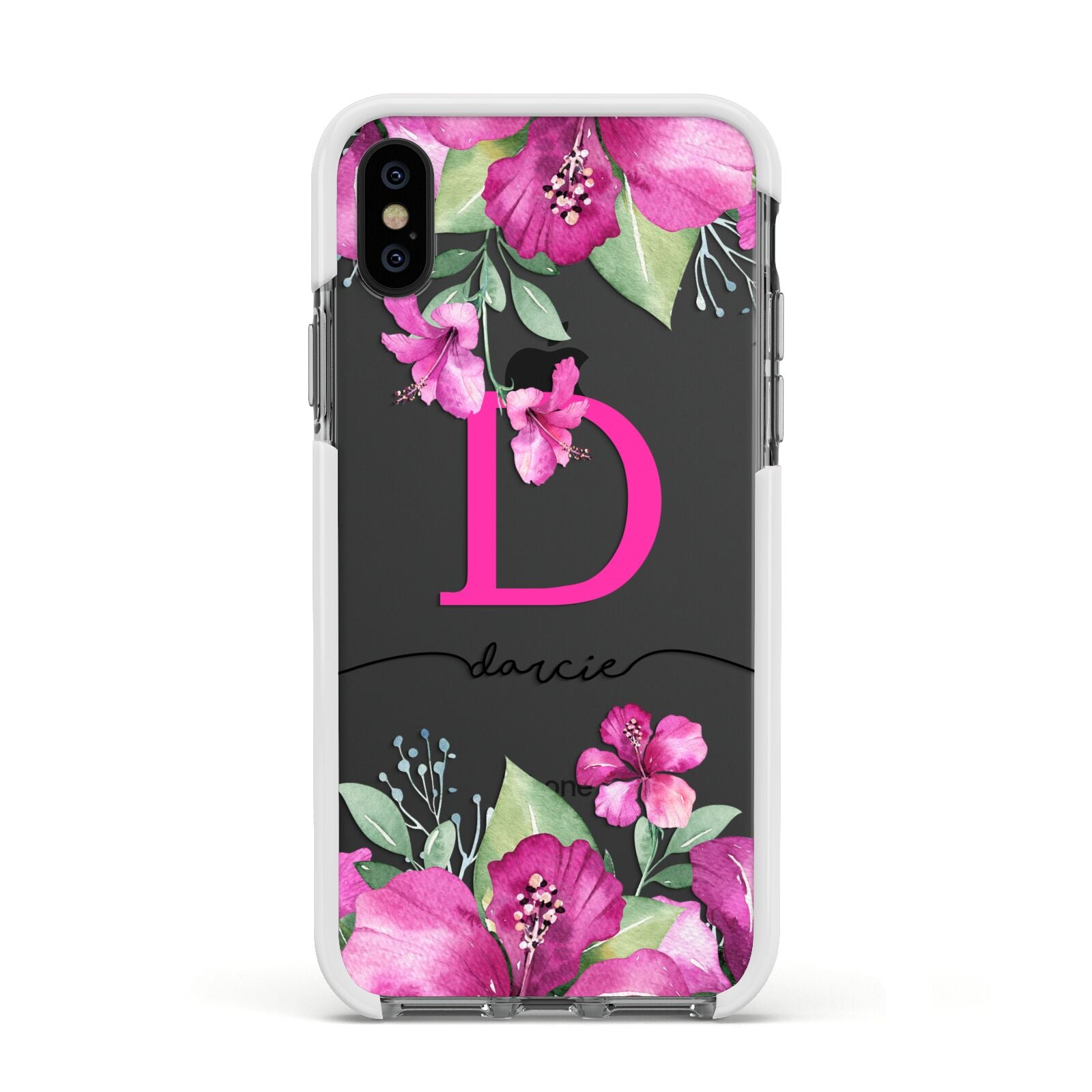 Personalised Pink Lilies Apple iPhone Xs Impact Case White Edge on Black Phone