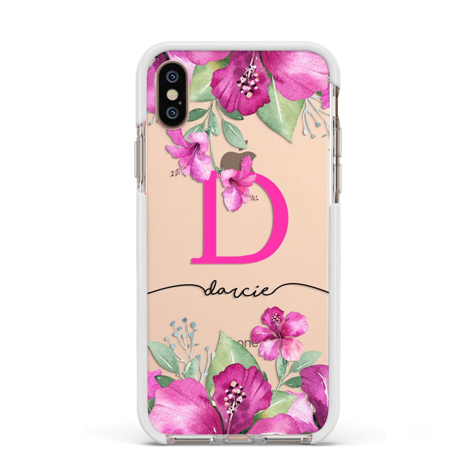 Personalised Pink Lilies Apple iPhone Xs Impact Case White Edge on Gold Phone