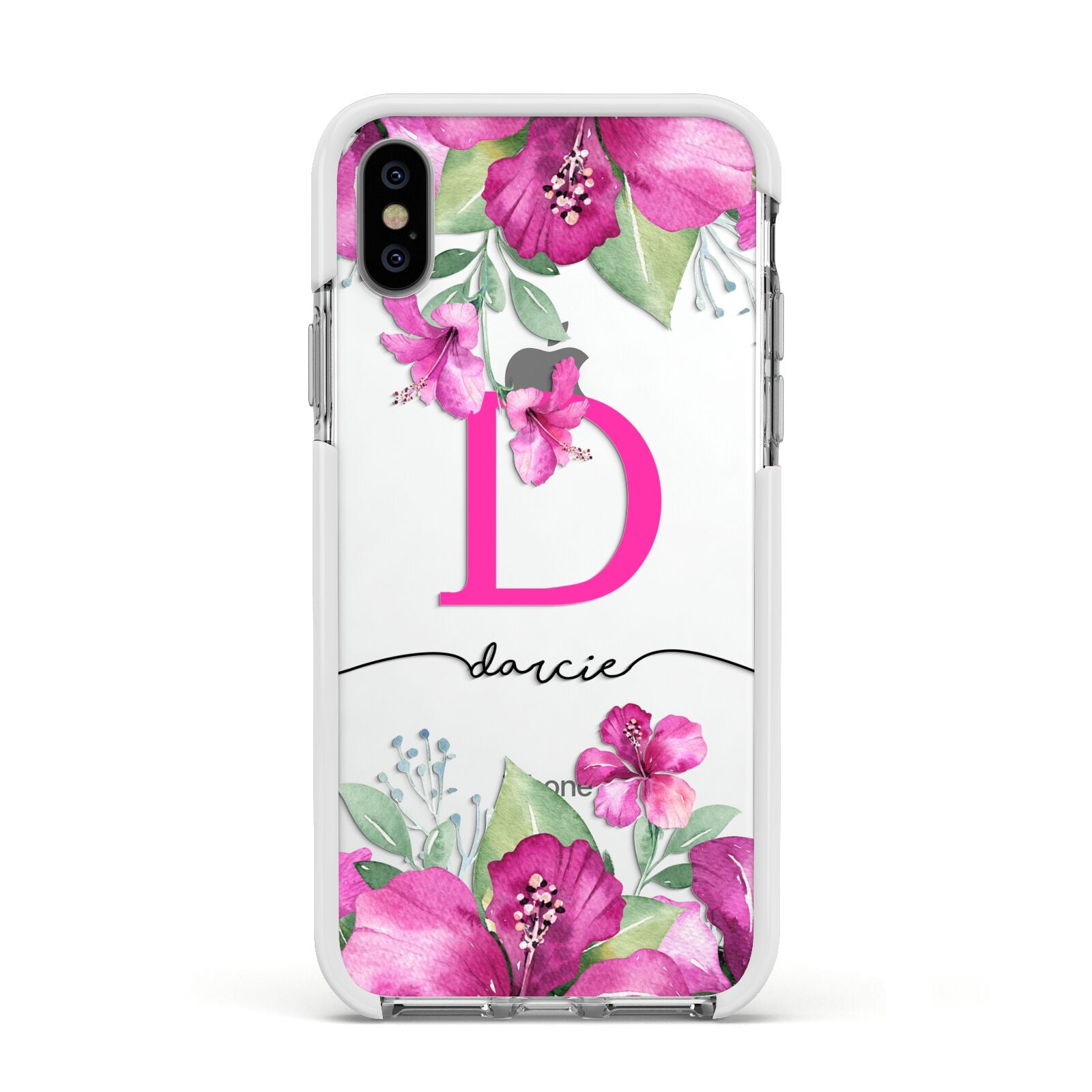 Personalised Pink Lilies Apple iPhone Xs Impact Case White Edge on Silver Phone