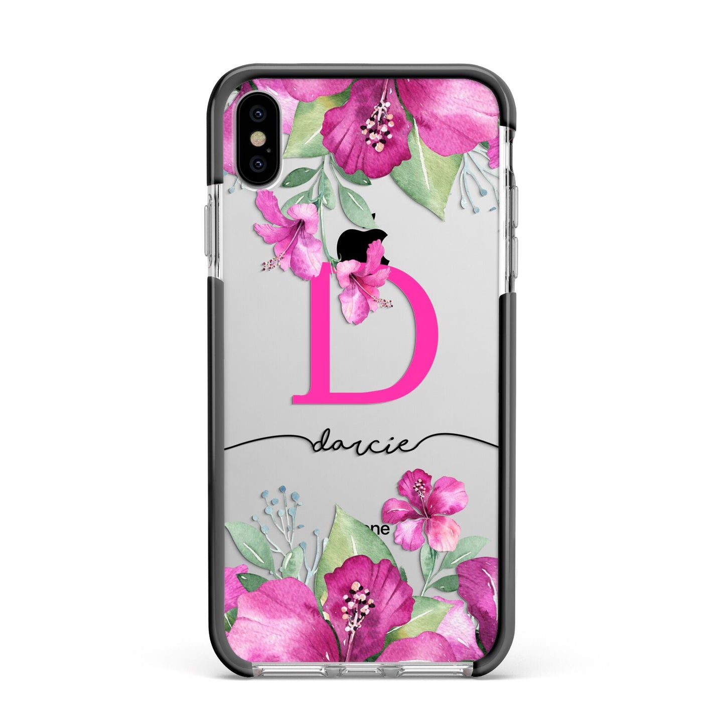 Personalised Pink Lilies Apple iPhone Xs Max Impact Case Black Edge on Silver Phone