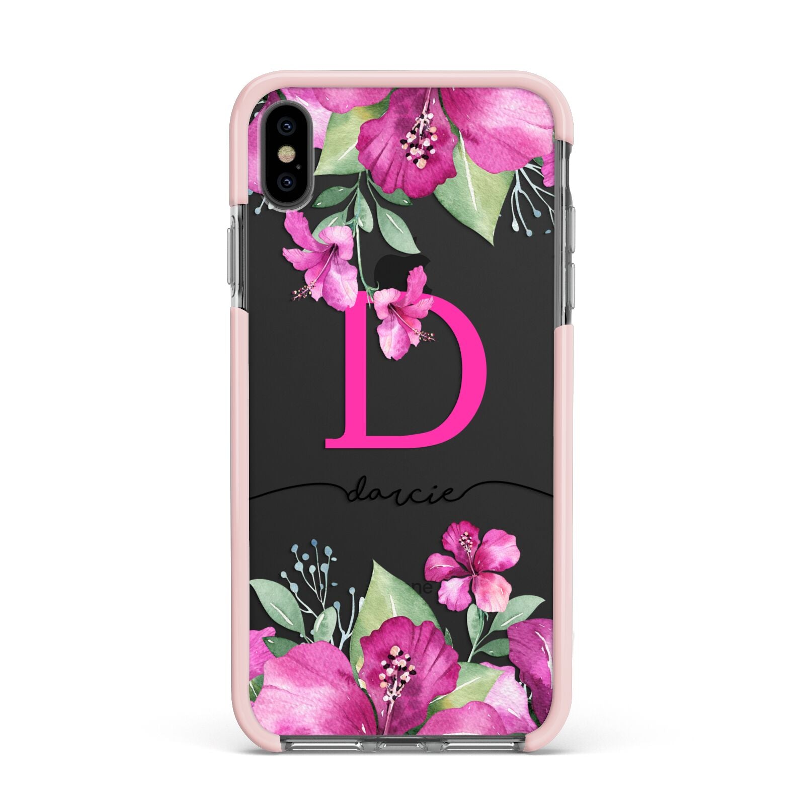 Personalised Pink Lilies Apple iPhone Xs Max Impact Case Pink Edge on Black Phone