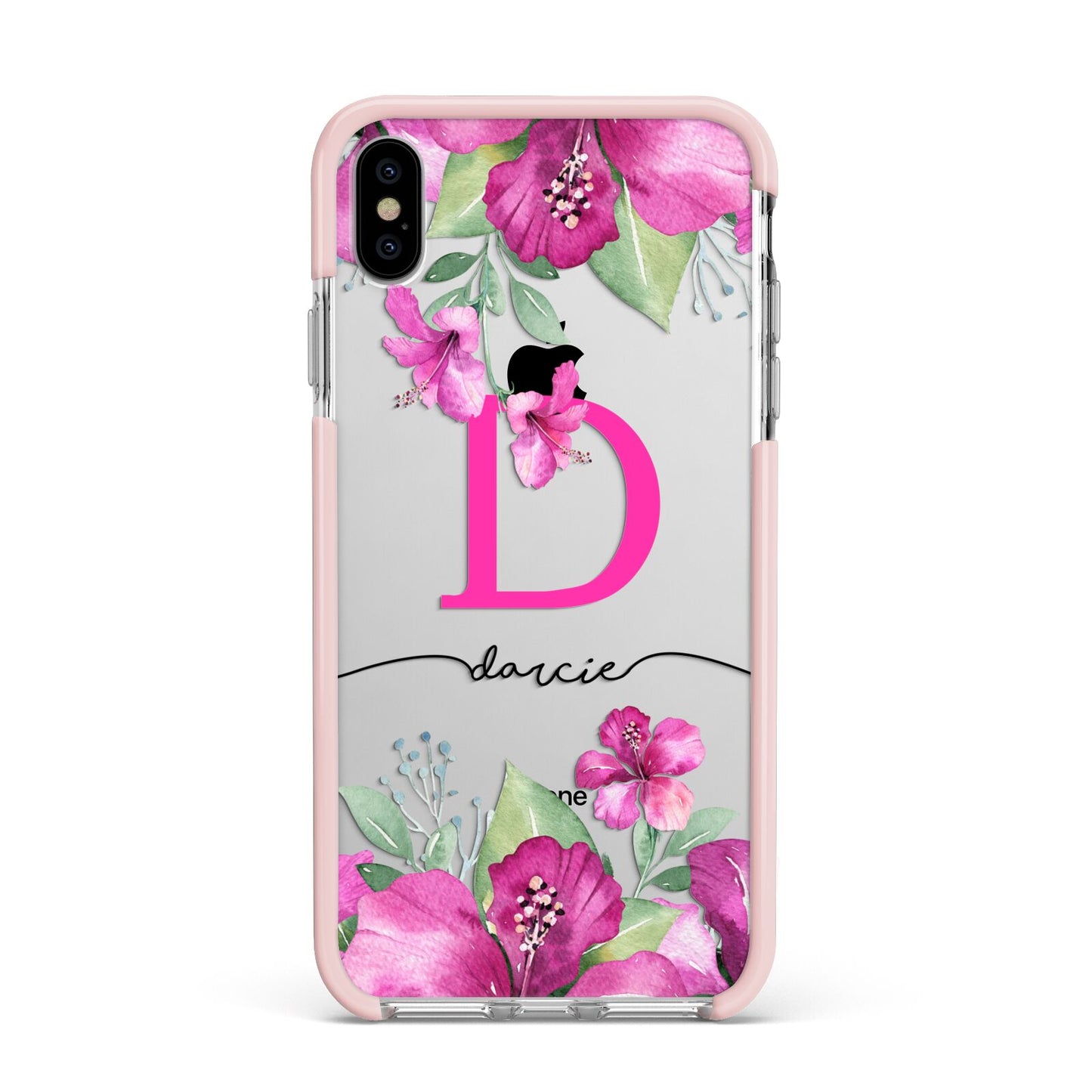 Personalised Pink Lilies Apple iPhone Xs Max Impact Case Pink Edge on Silver Phone