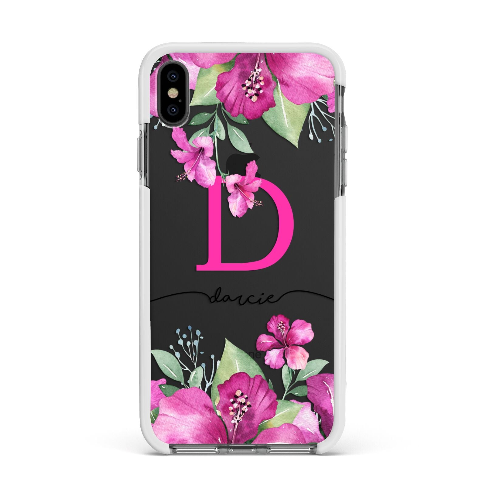 Personalised Pink Lilies Apple iPhone Xs Max Impact Case White Edge on Black Phone