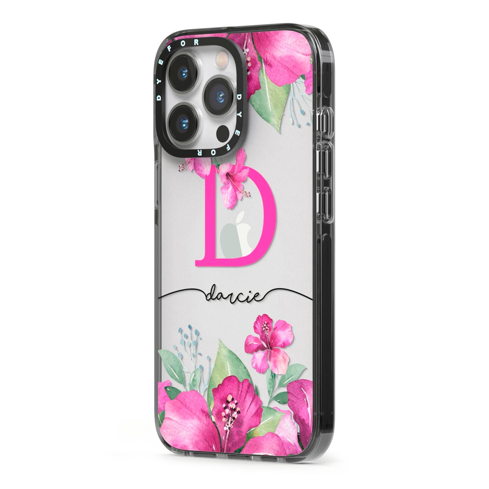 Personalised Pink Lilies iPhone 13 Pro Black Impact Case Side Angle on Silver phone