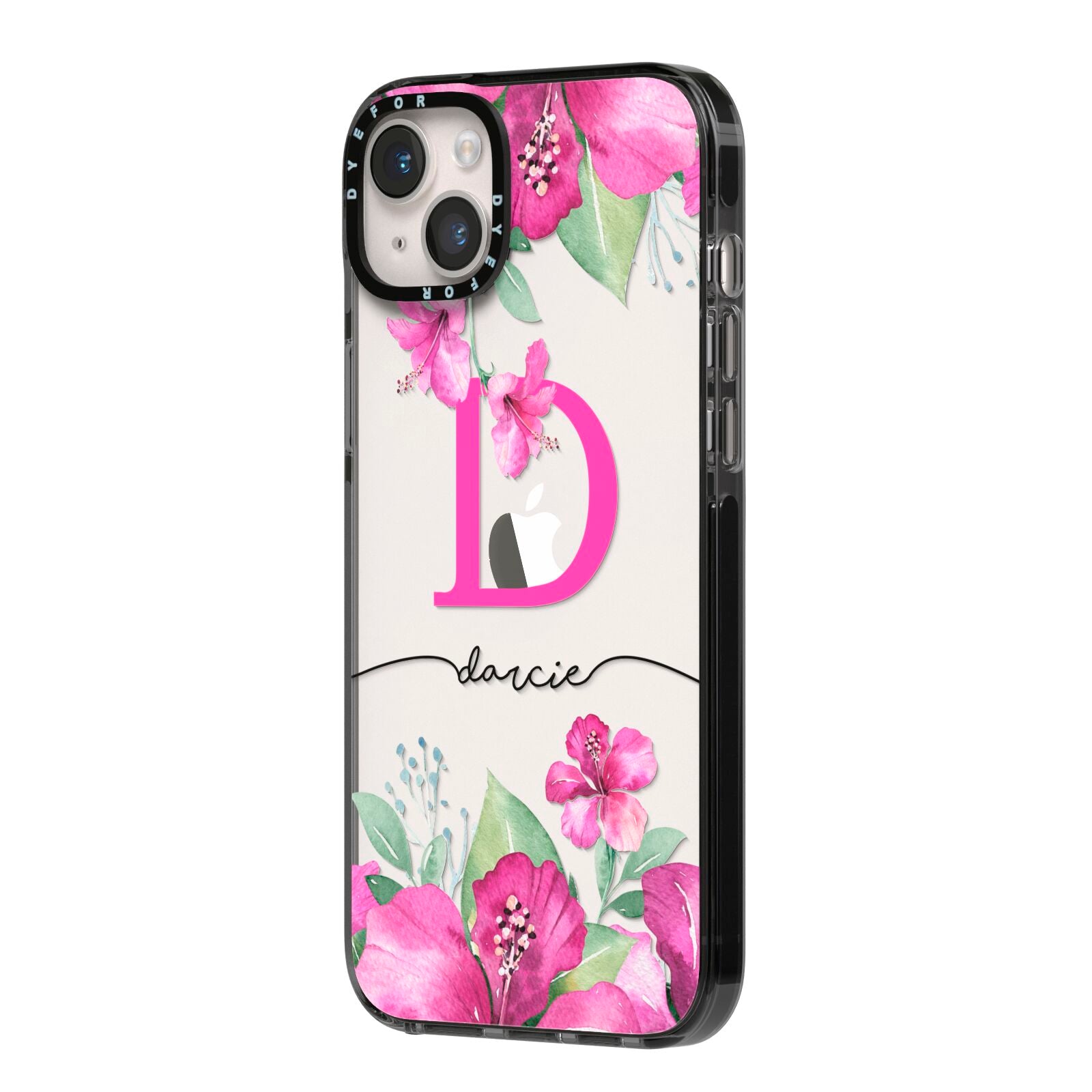 Personalised Pink Lilies iPhone 14 Plus Black Impact Case Side Angle on Silver phone