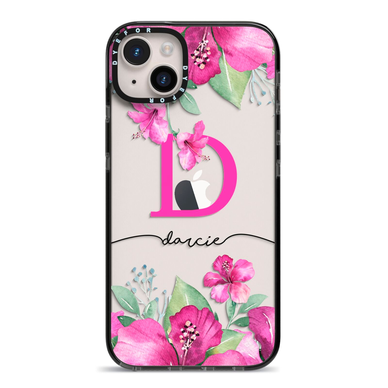 Personalised Pink Lilies iPhone 14 Plus Black Impact Case on Silver phone