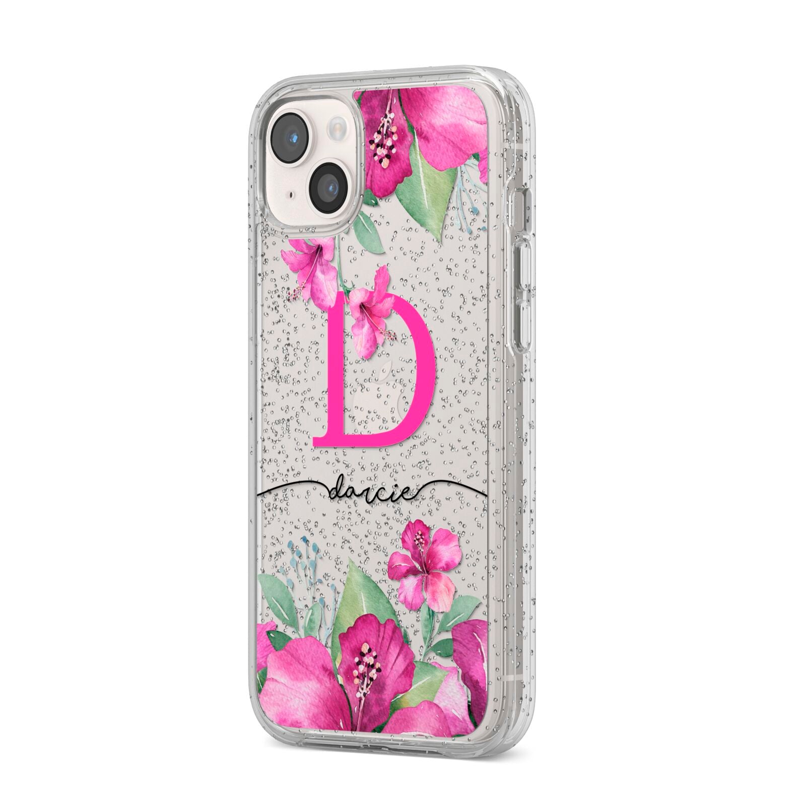 Personalised Pink Lilies iPhone 14 Plus Glitter Tough Case Starlight Angled Image