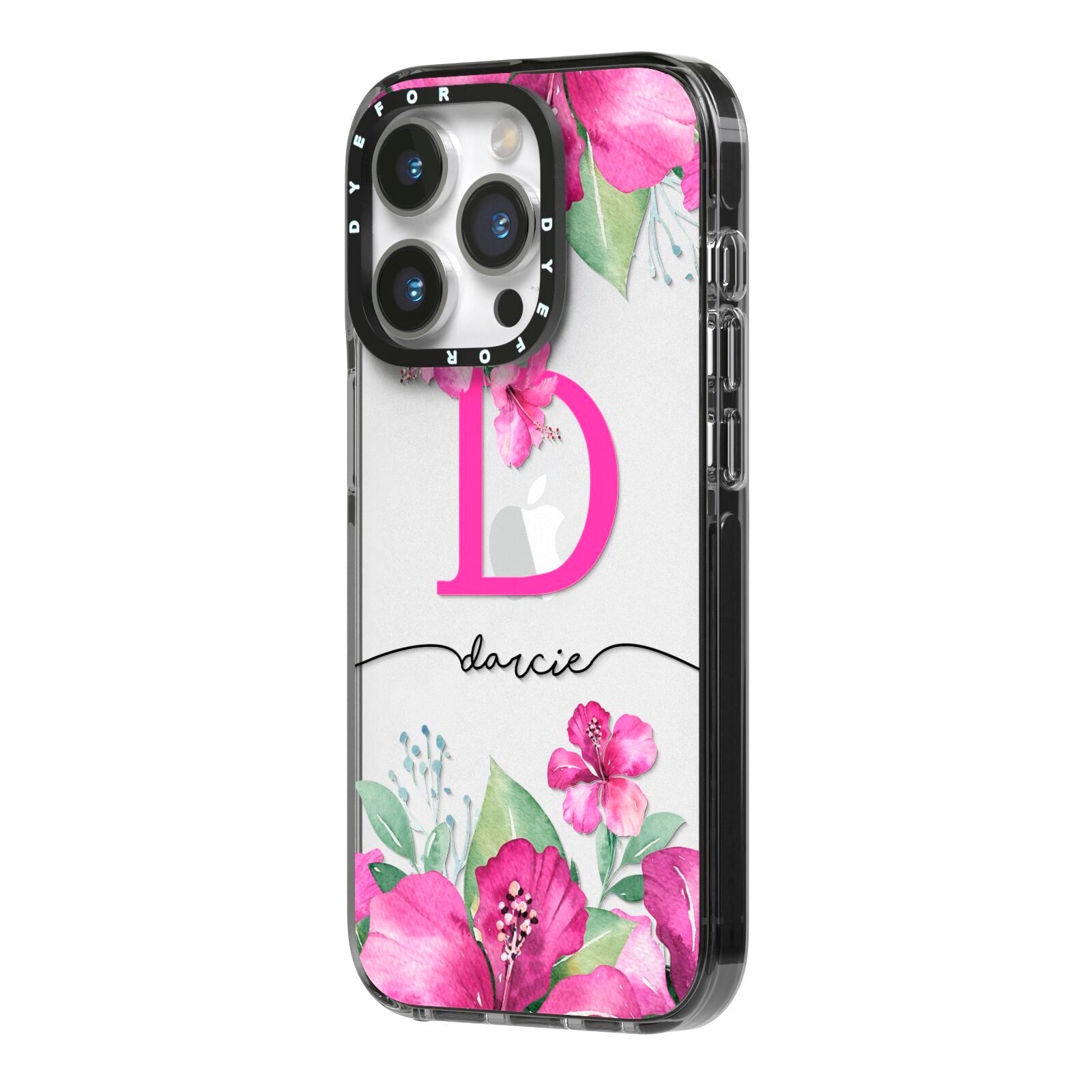 Personalised Pink Lilies iPhone 14 Pro Black Impact Case Side Angle on Silver phone