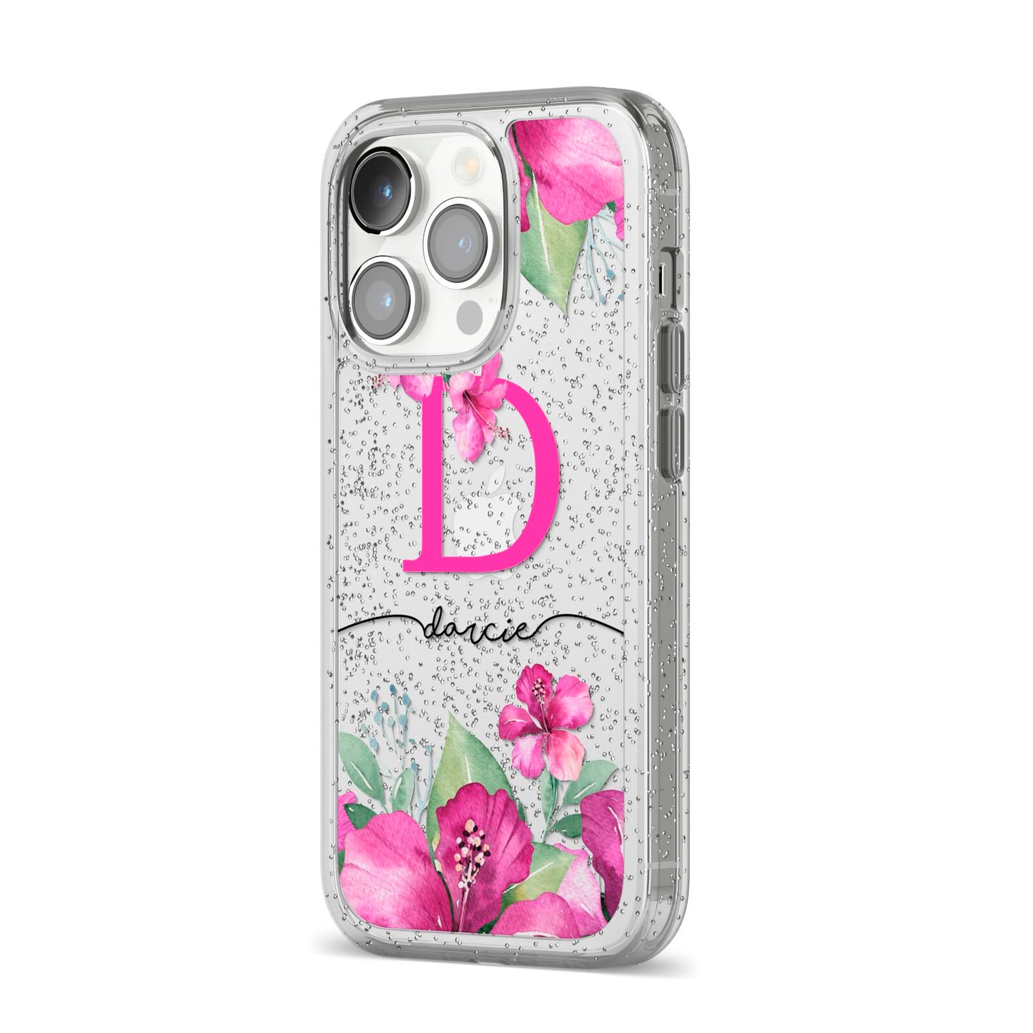 Personalised Pink Lilies iPhone 14 Pro Glitter Tough Case Silver Angled Image