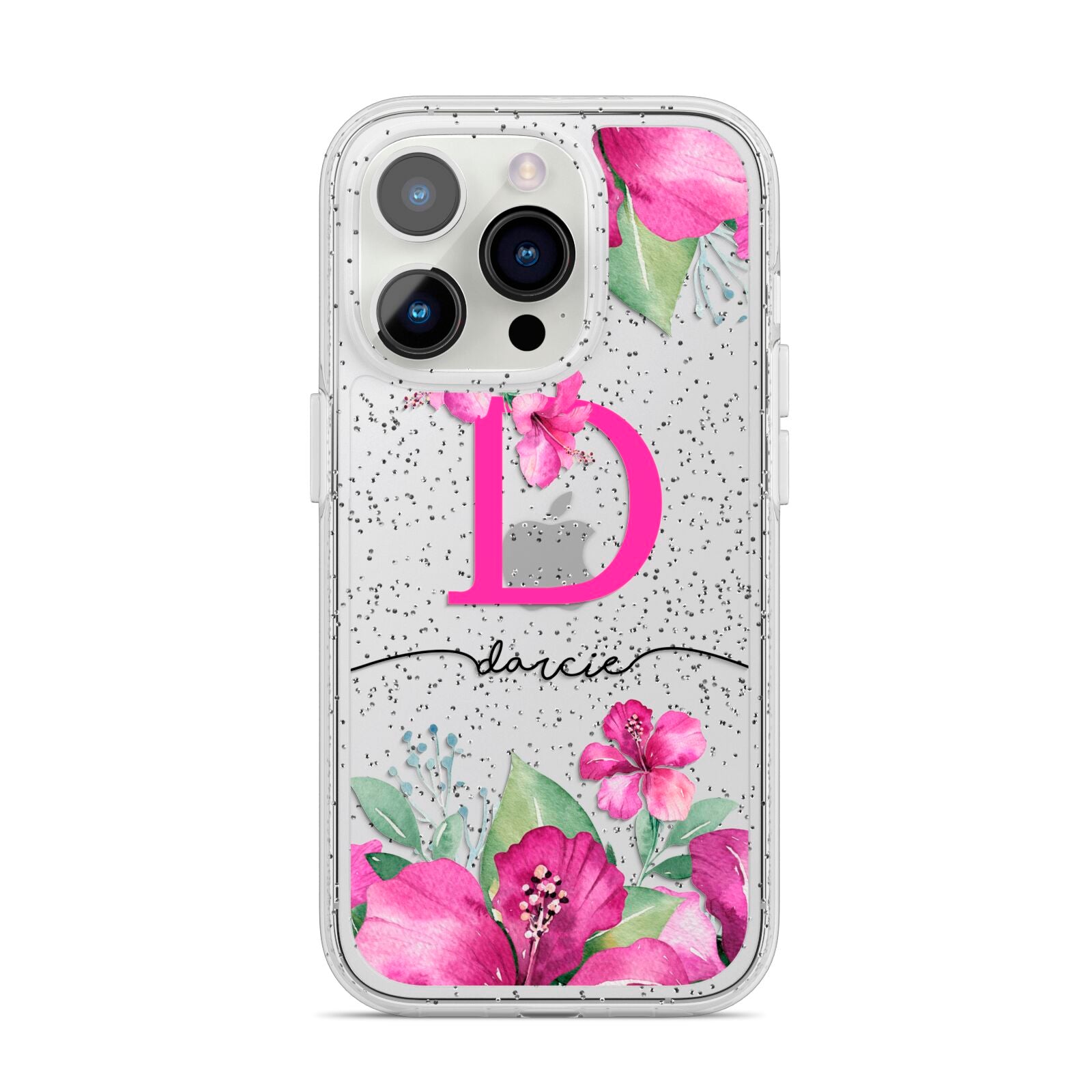 Personalised Pink Lilies iPhone 14 Pro Glitter Tough Case Silver