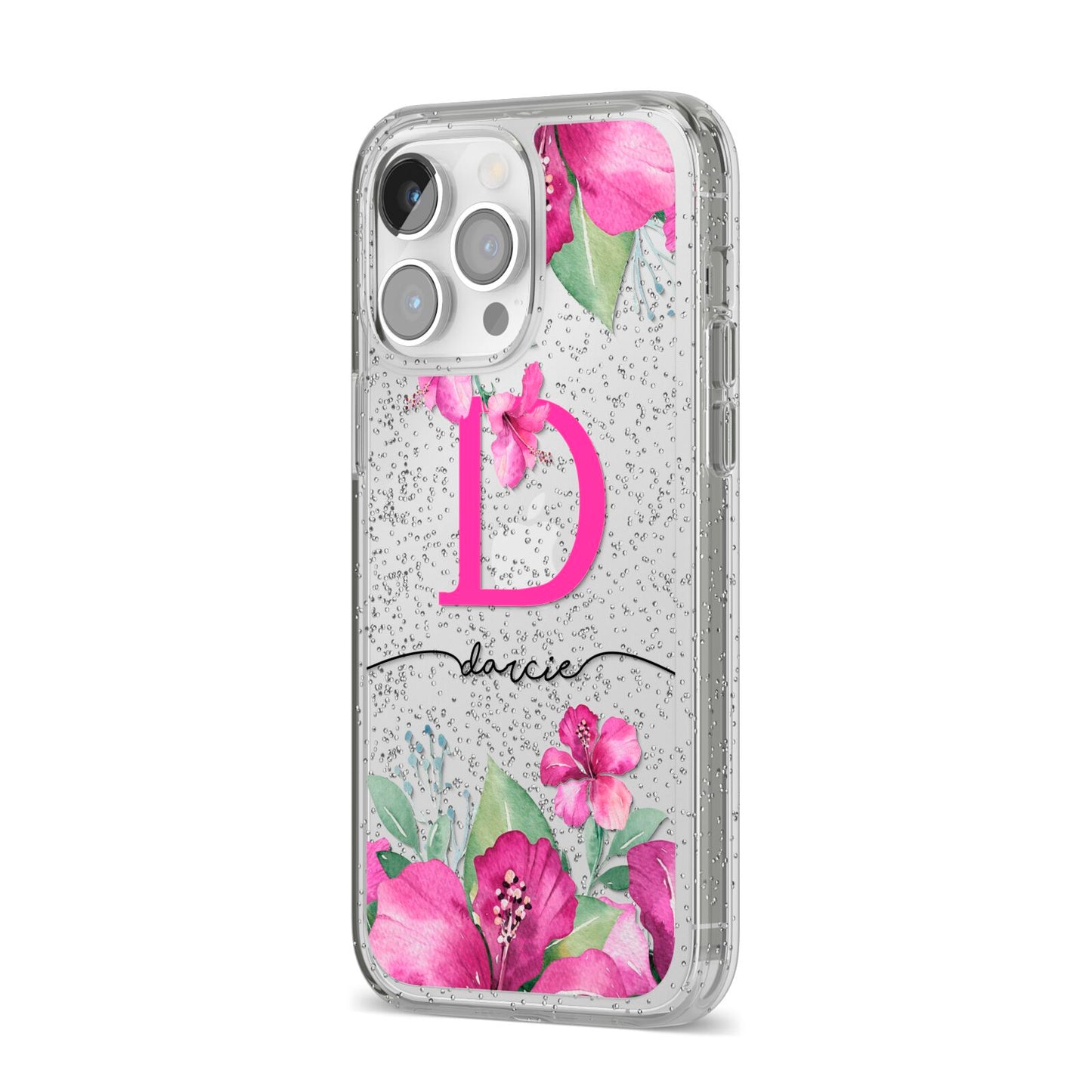 Personalised Pink Lilies iPhone 14 Pro Max Glitter Tough Case Silver Angled Image