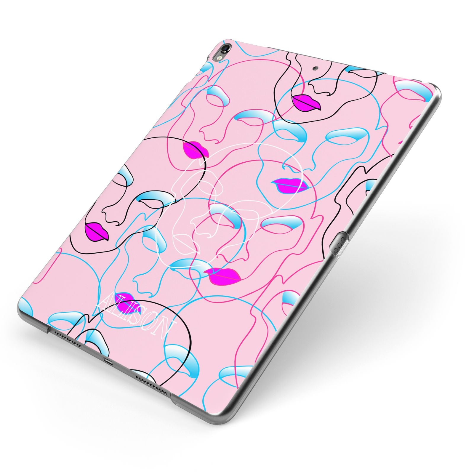 Personalised Pink Line Art Apple iPad Case on Grey iPad Side View