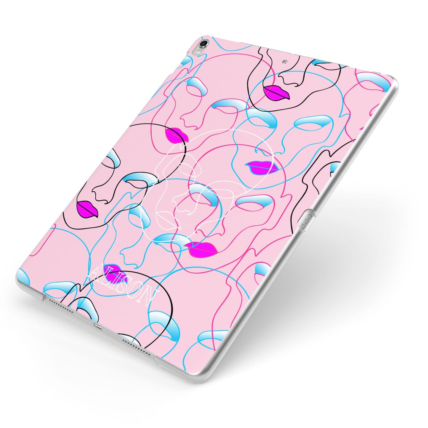 Personalised Pink Line Art Apple iPad Case on Silver iPad Side View