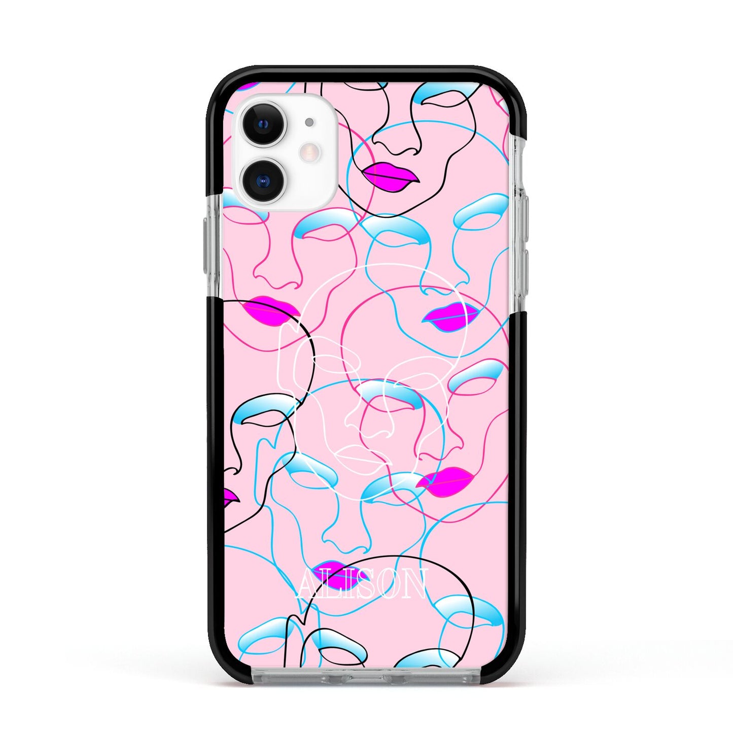 Personalised Pink Line Art Apple iPhone 11 in White with Black Impact Case