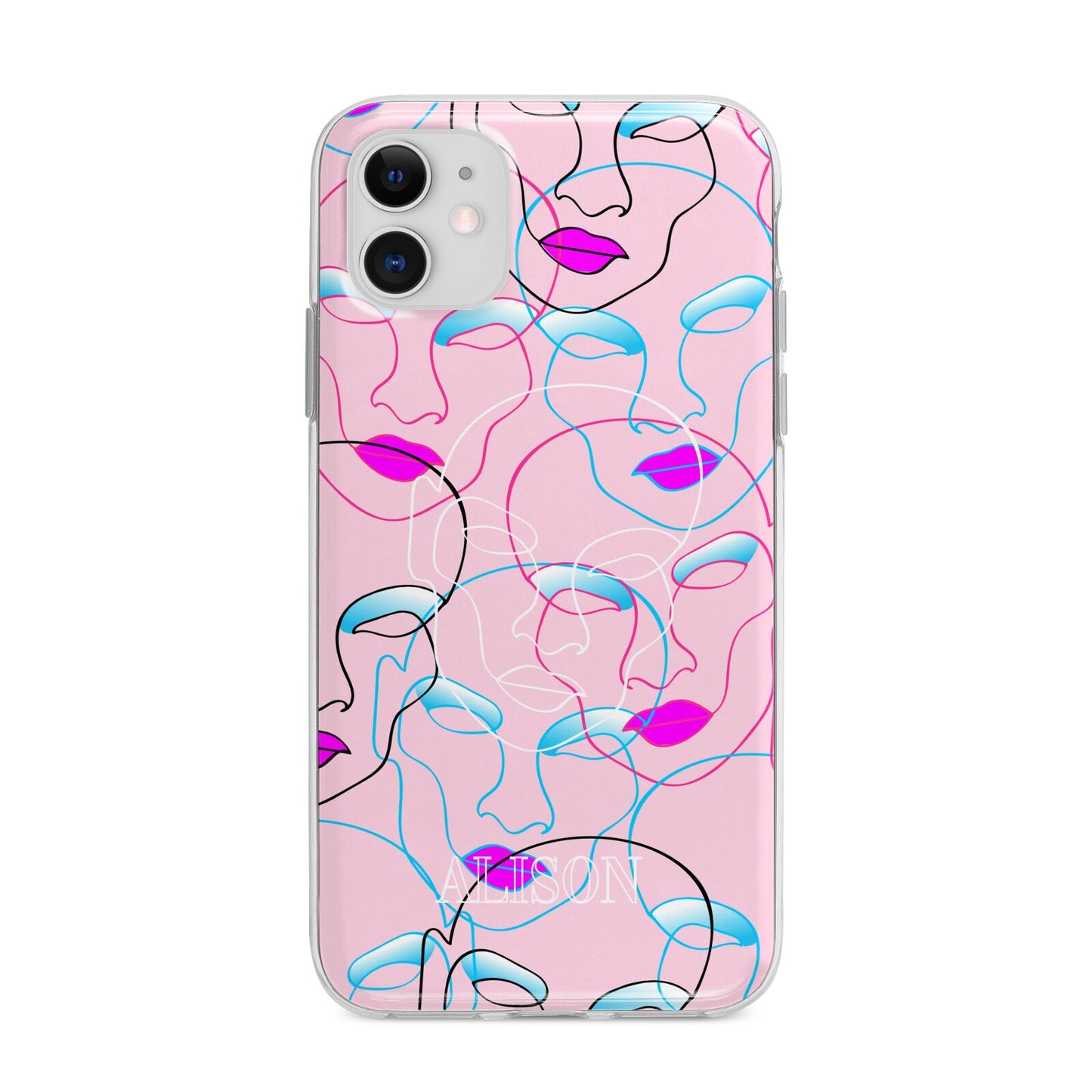 Personalised Pink Line Art Apple iPhone 11 in White with Bumper Case