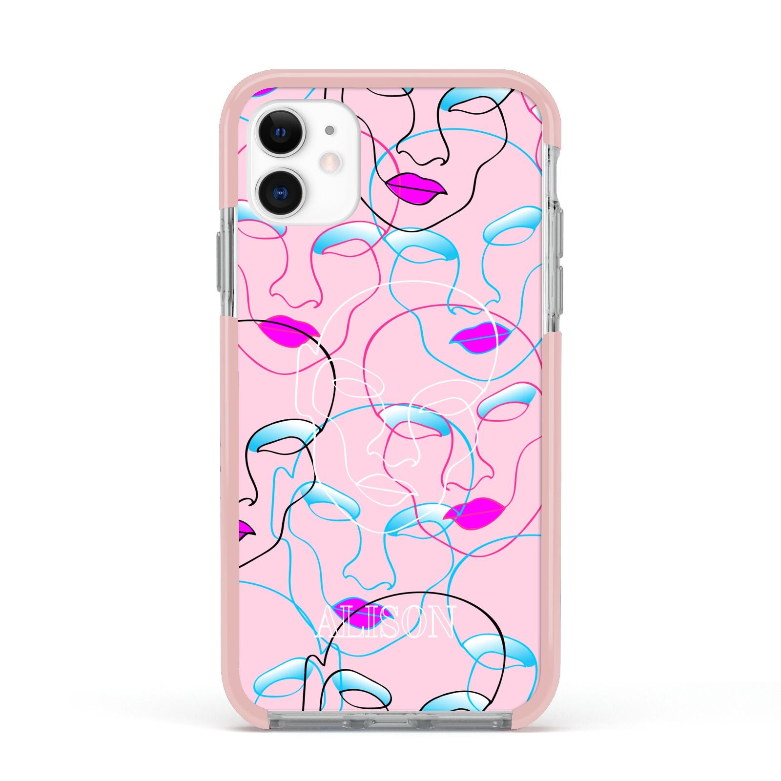Personalised Pink Line Art Apple iPhone 11 in White with Pink Impact Case
