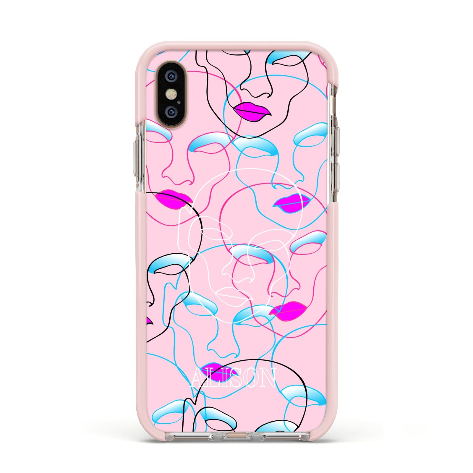 Personalised Pink Line Art Apple iPhone Xs Impact Case Pink Edge on Gold Phone